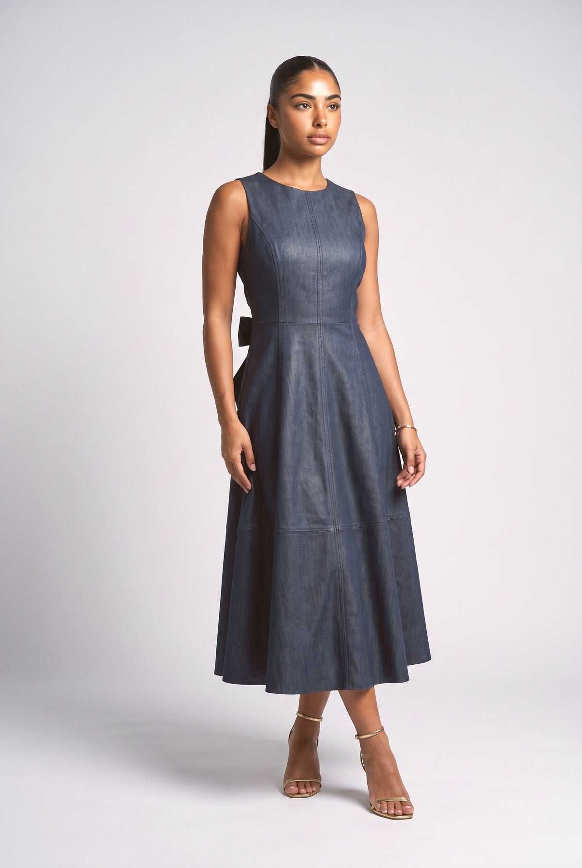 Sleeveless Leather-Look Midi Dress, black