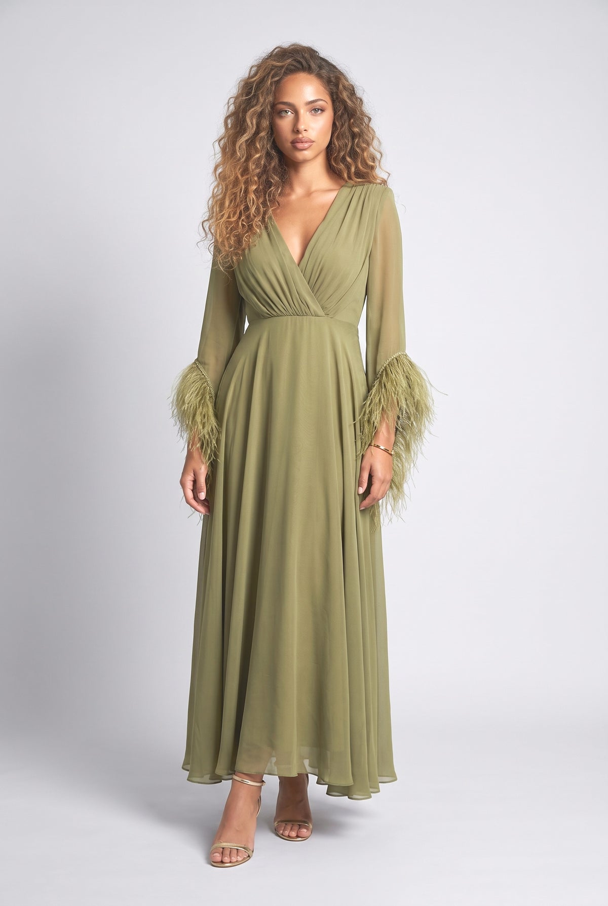 Chiffon V-Neck Feather Trim Maxi Dress, blackish green