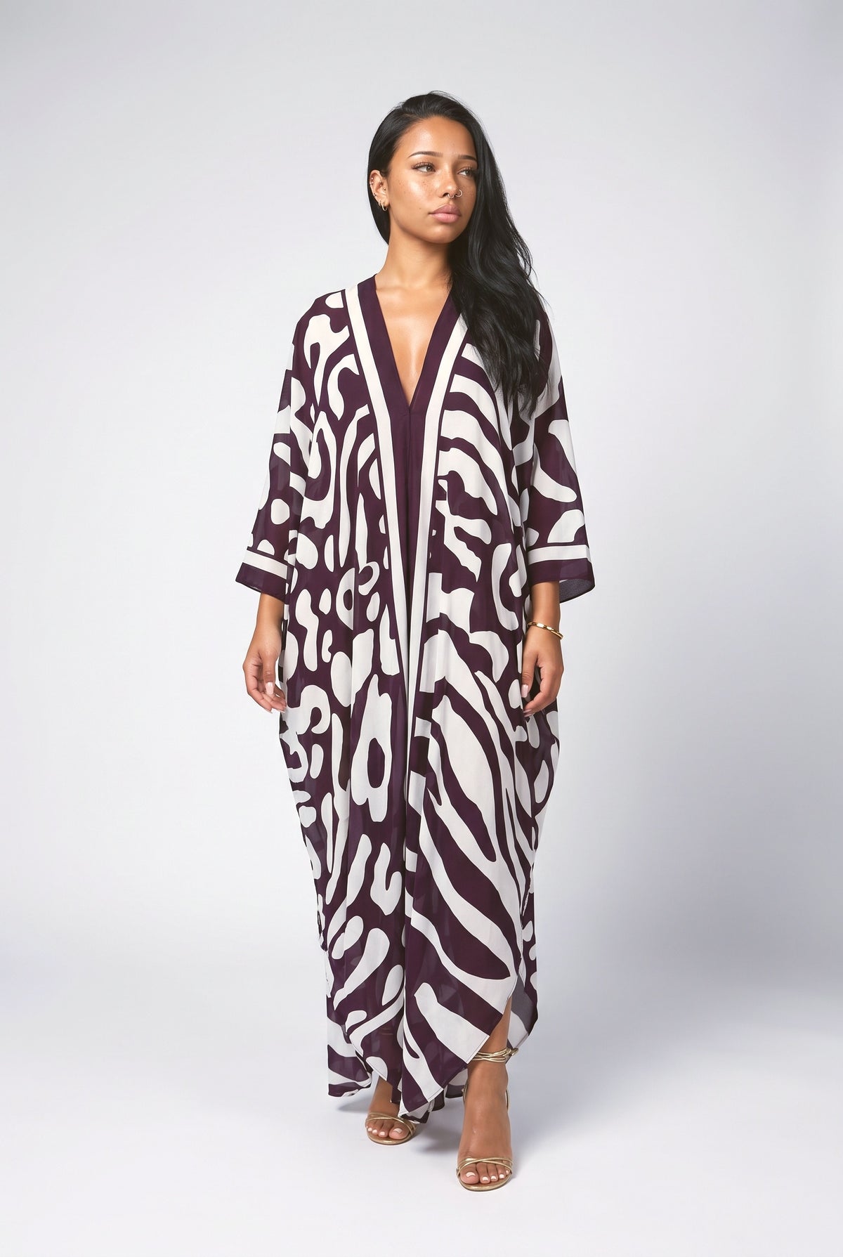 Mottled Print Relaxed Kimono Maxi Dress, blackv