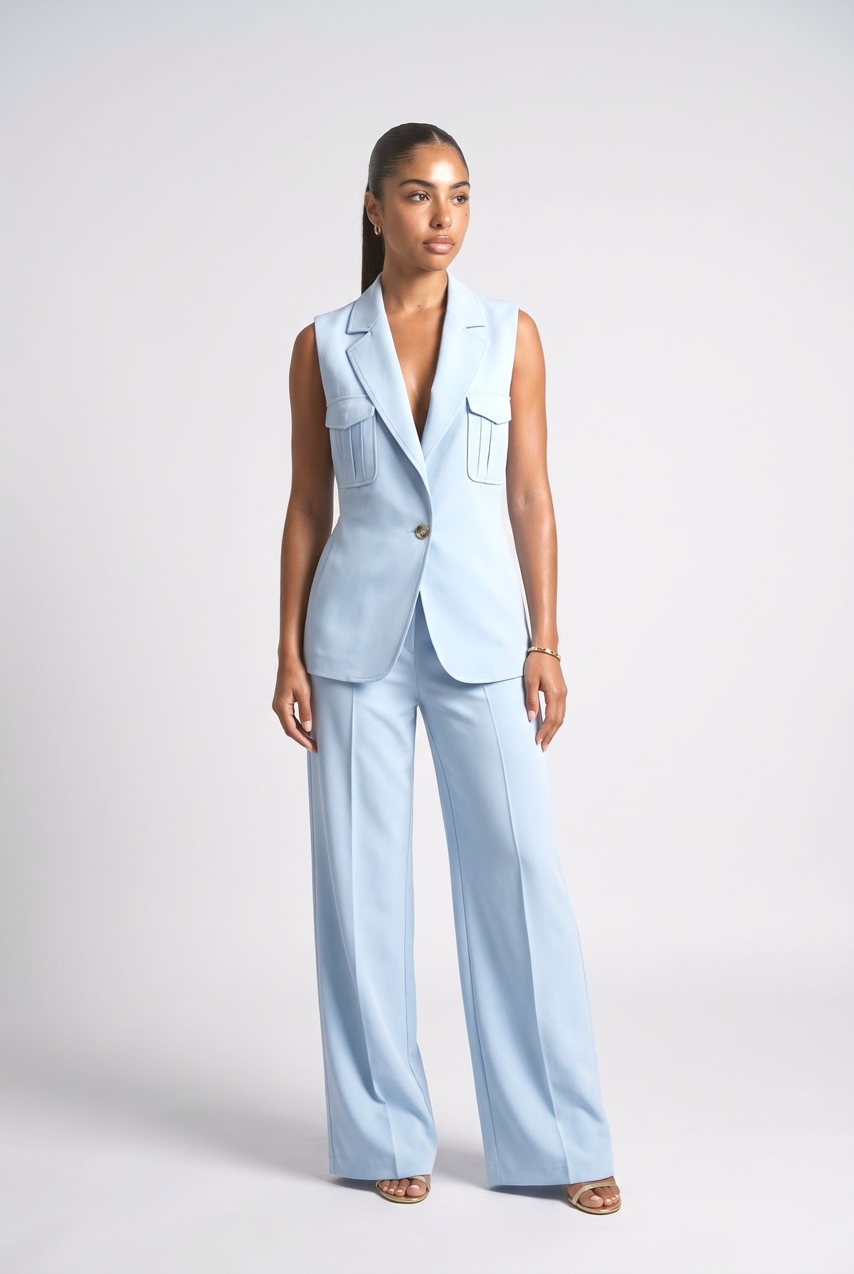 Sleeveless Blazer & Wide-Leg Pants Two-Piece Set, blue pant