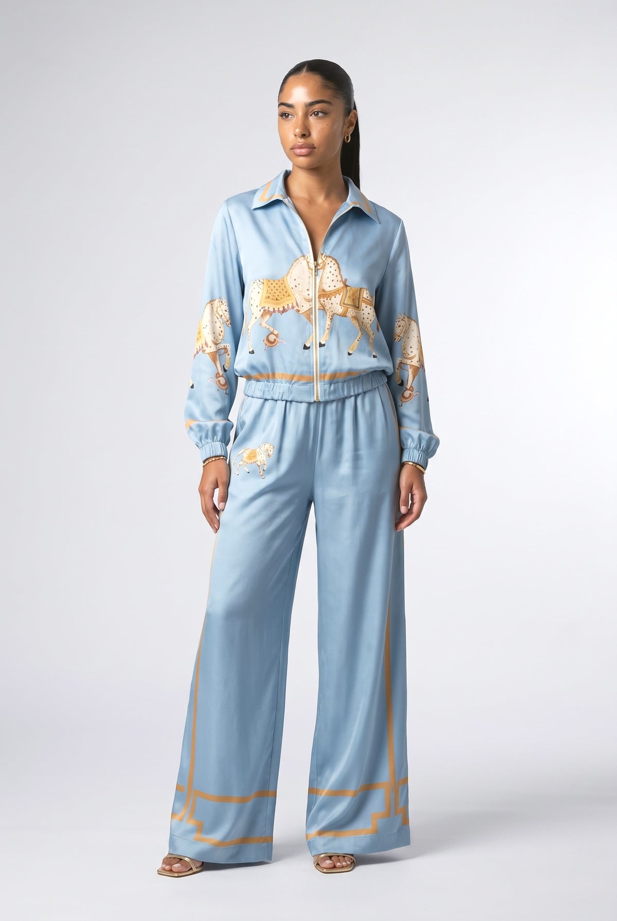 Satin Horse Print Zip-Up Shirt, blue pants