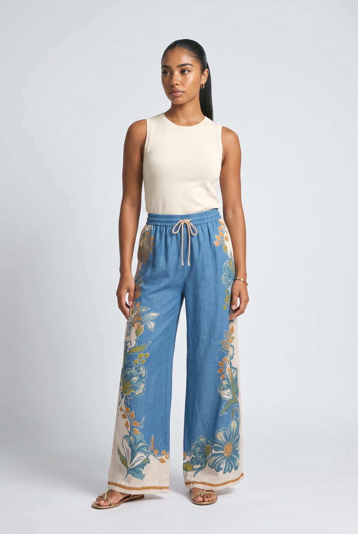 Floral Print Elastic Wide-leg Pants, blue pants