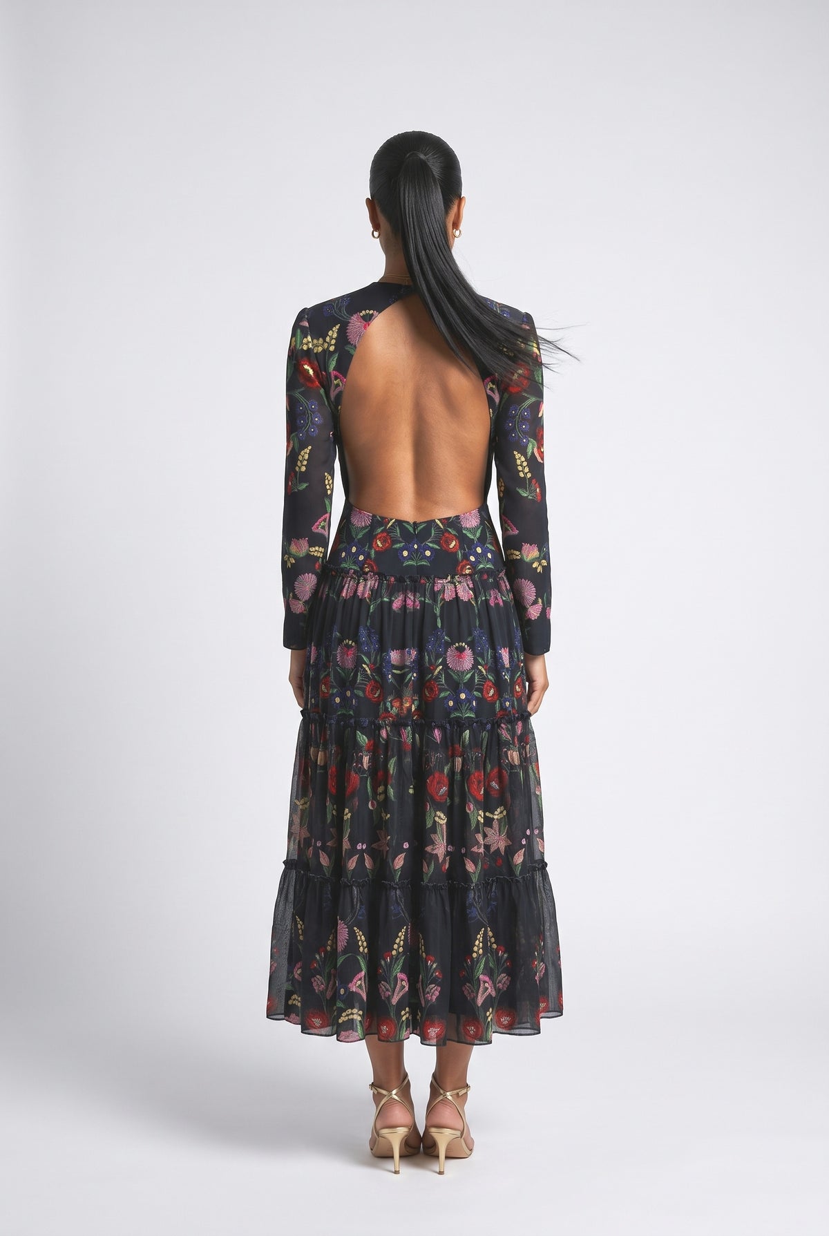 Print Chiffon Backless Maxi Dress, blue set