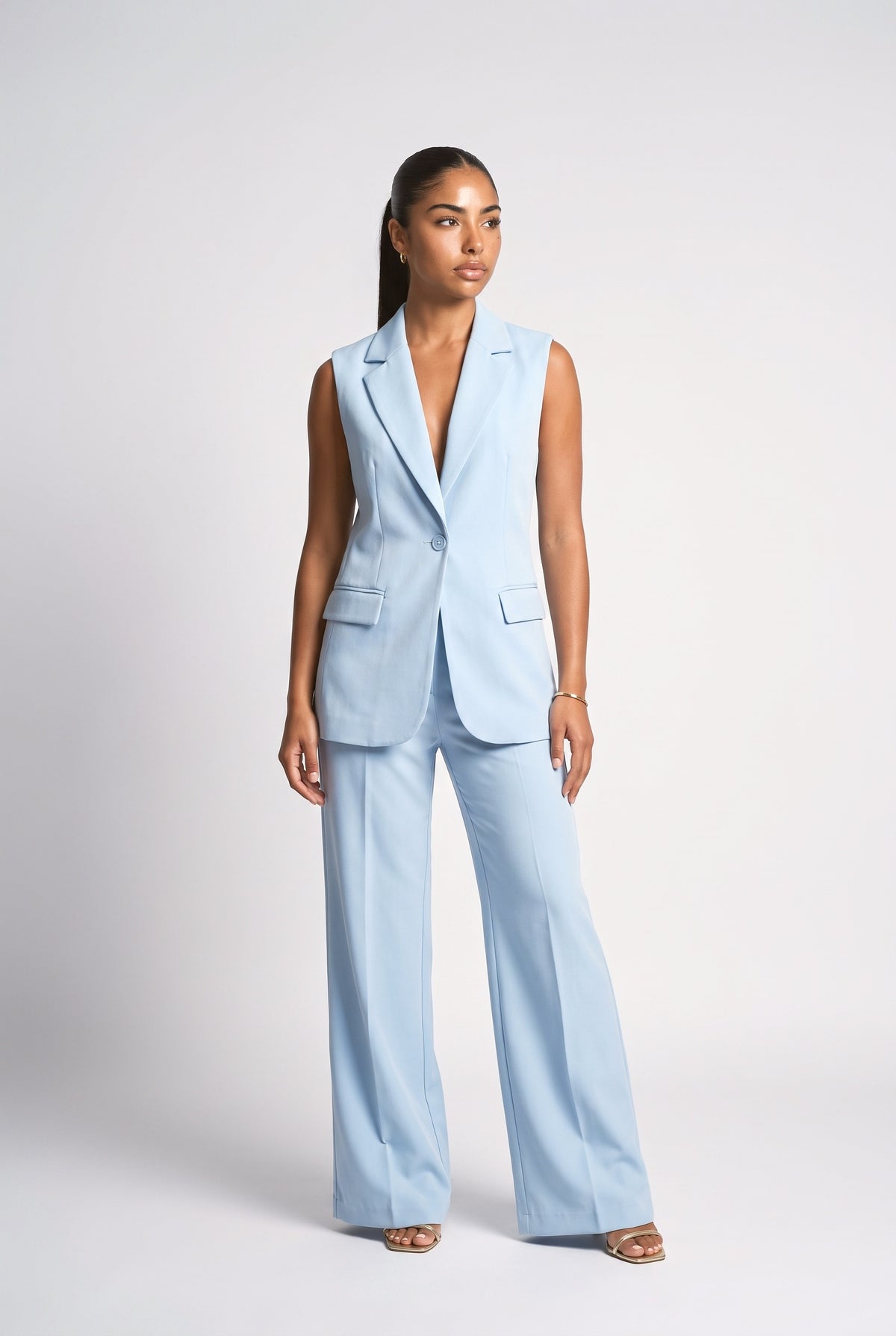 Sleeveless Blazer & Wide-Leg Pants Two-Piece Set, blue set