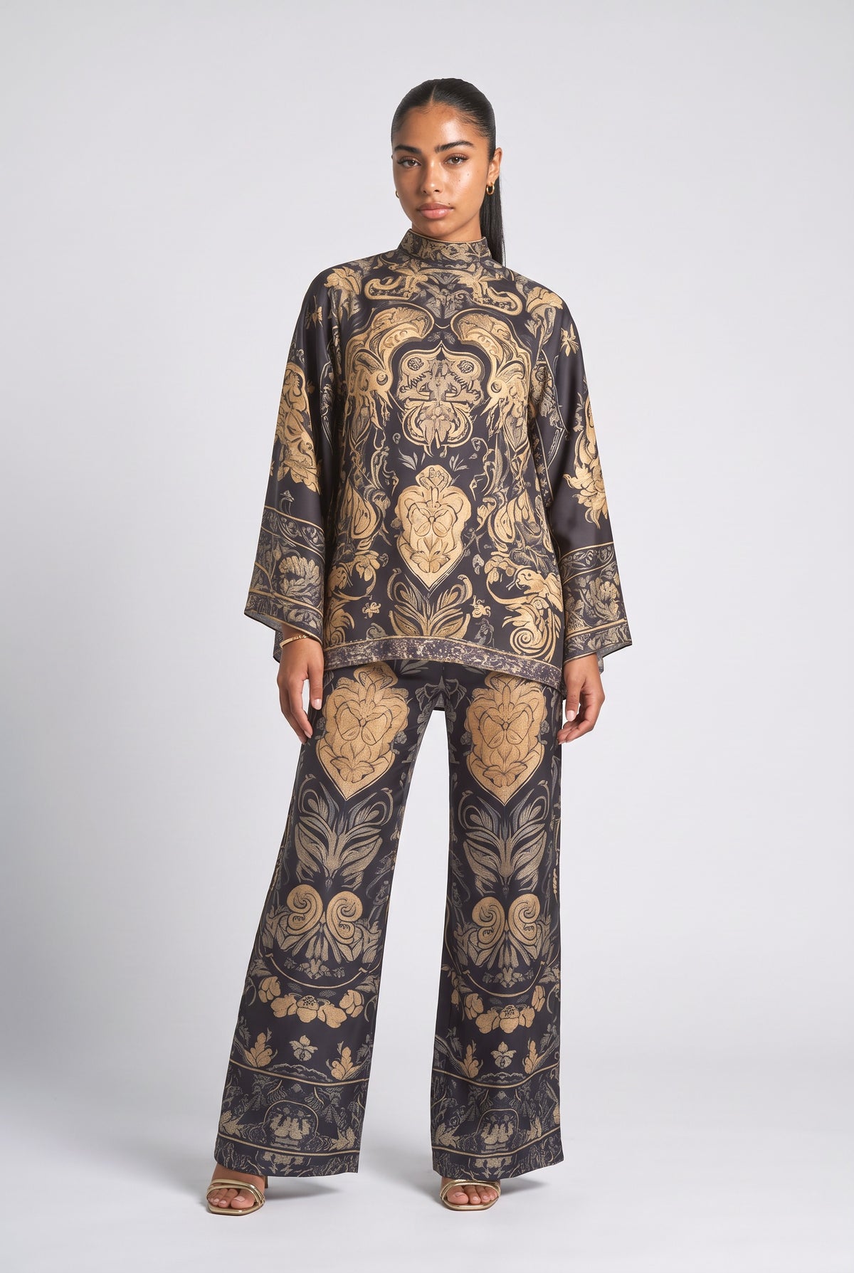 Blue High Neck Batwing Sleeve Outfit Set, blue set