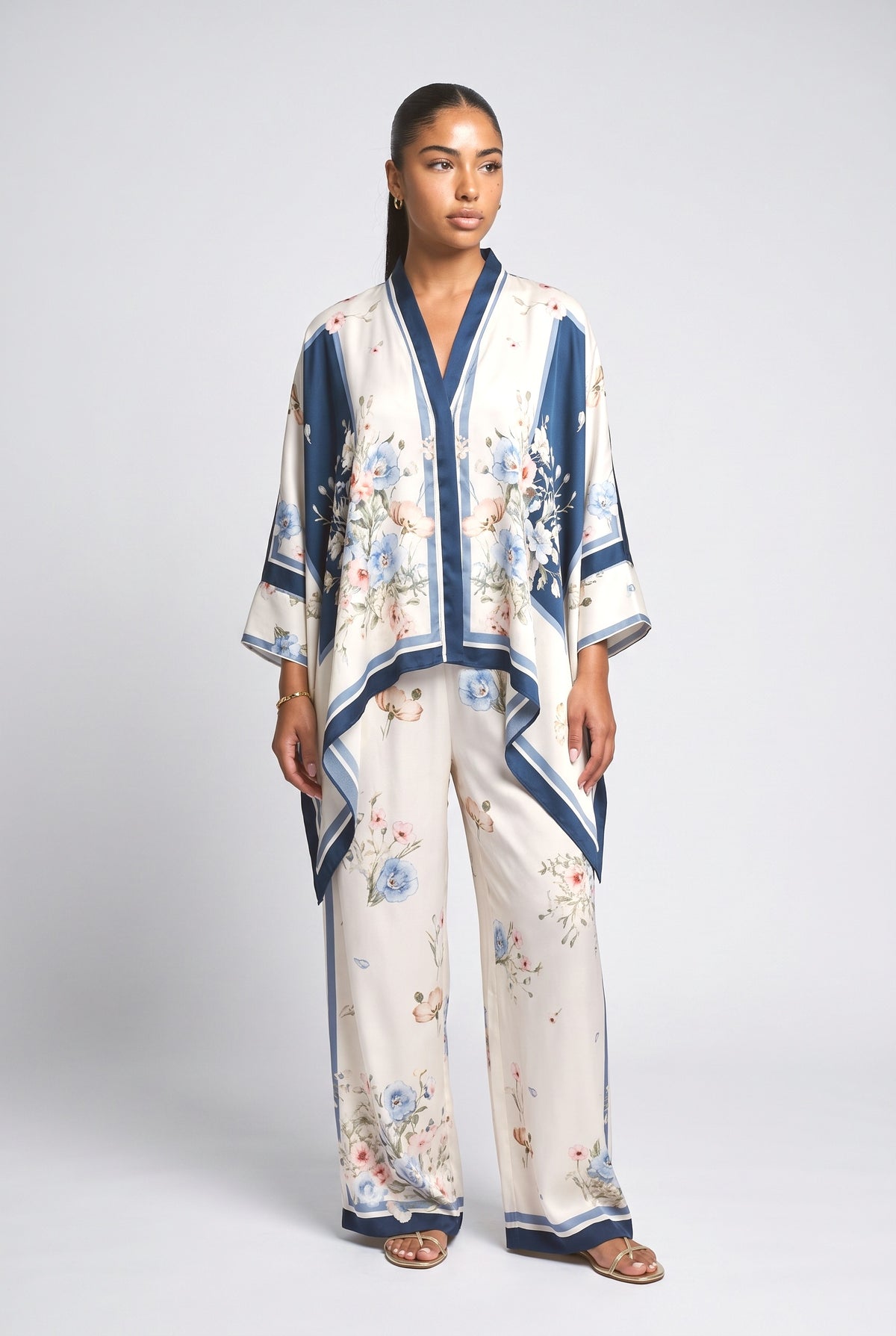 Blue Satin Batwing Sleeve Outfit Set, blue set