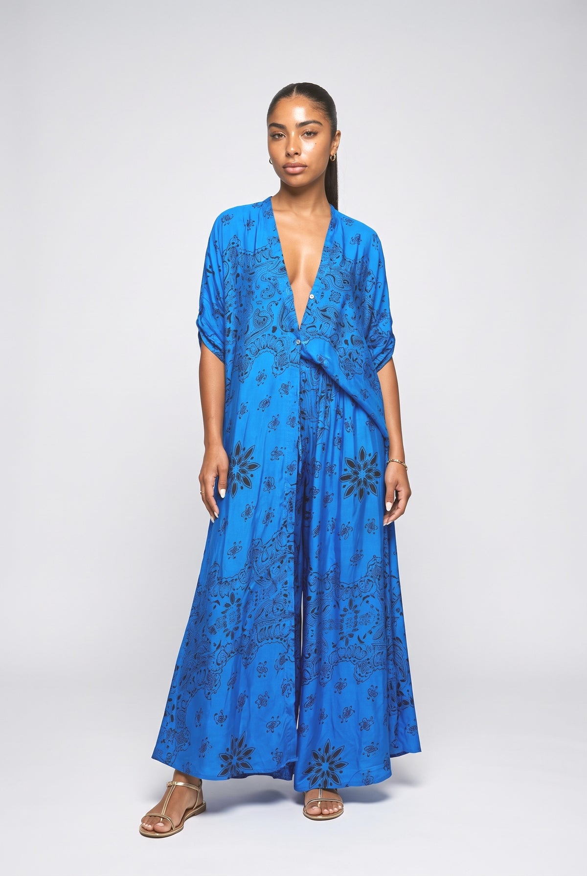 Boho Print Deep V-Neck Top & Wide Leg Pants Two-Piece Set, blue set
