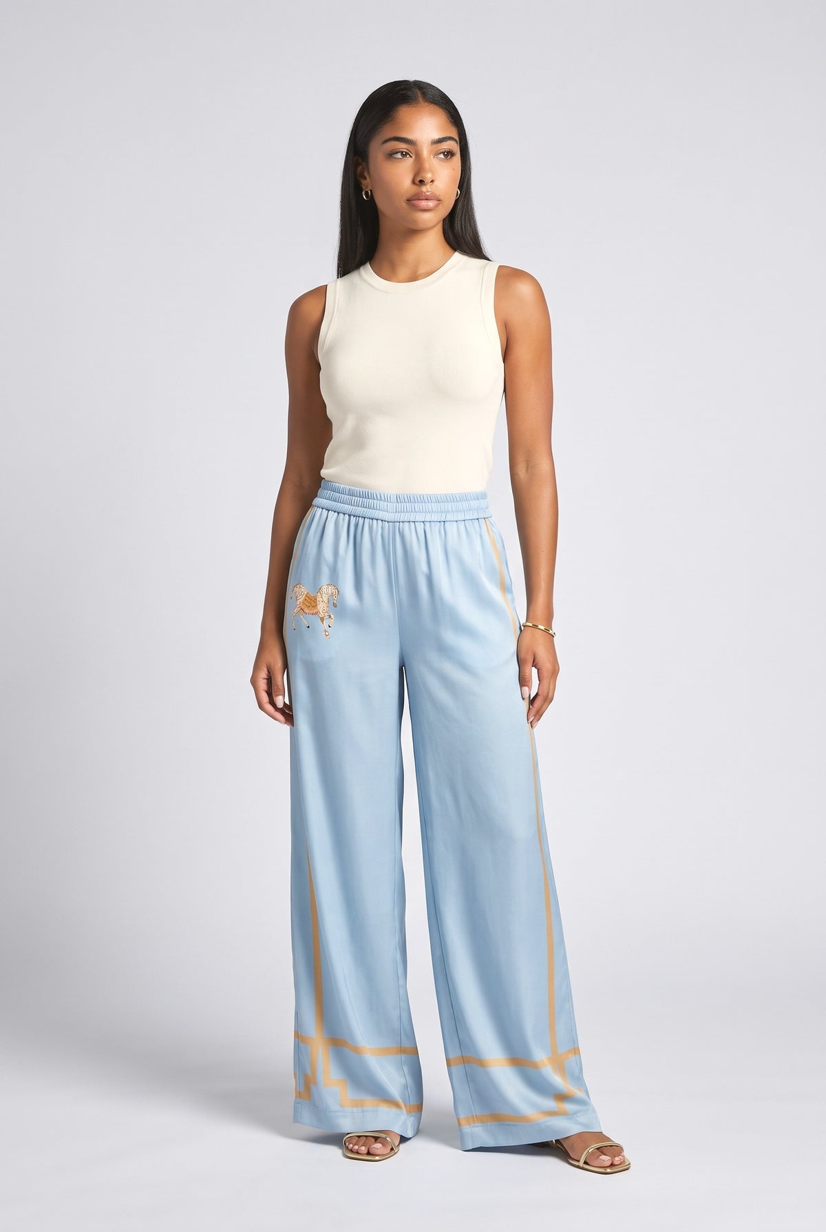 Satin Horse Print Wide-Leg Pants, blue set