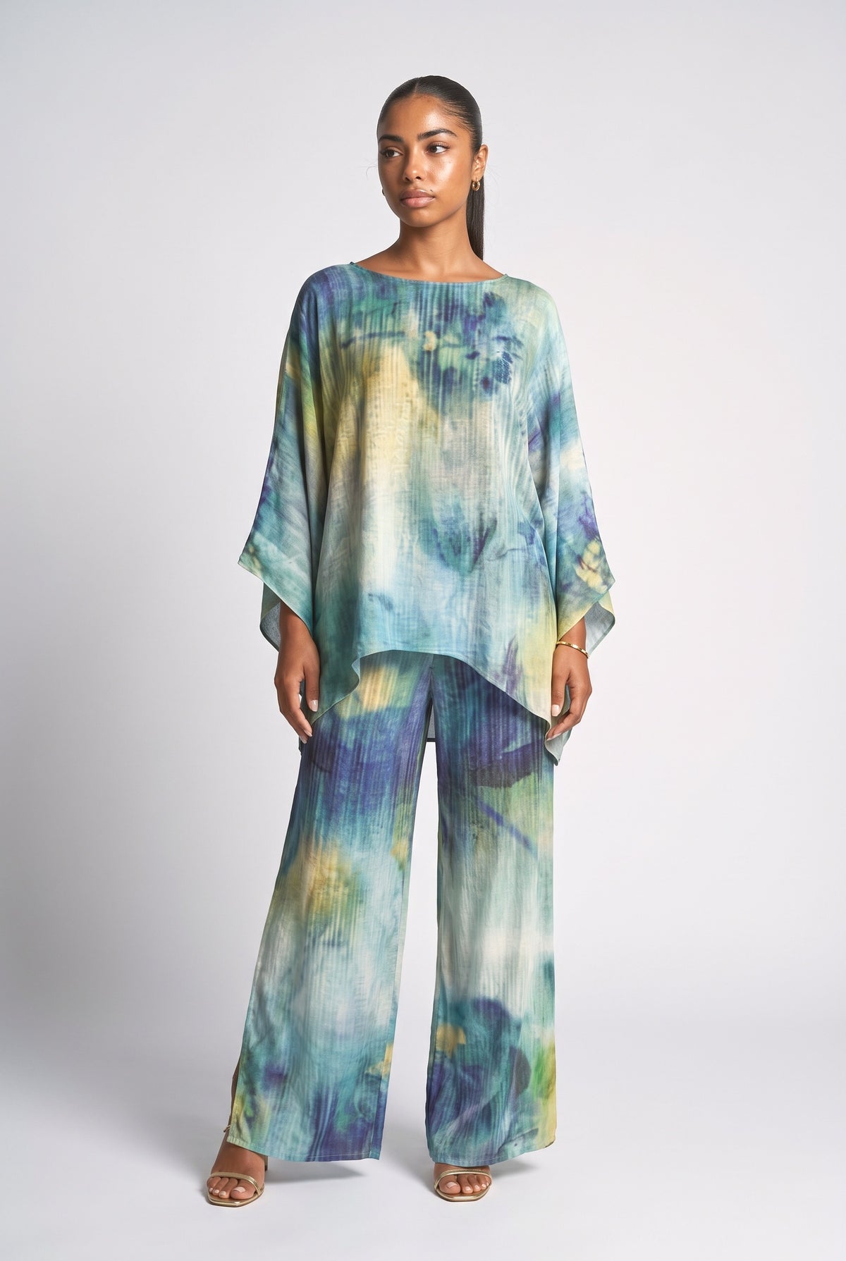 Blue Tie-Dye Batwing Sleeve Outfit Set, blue set