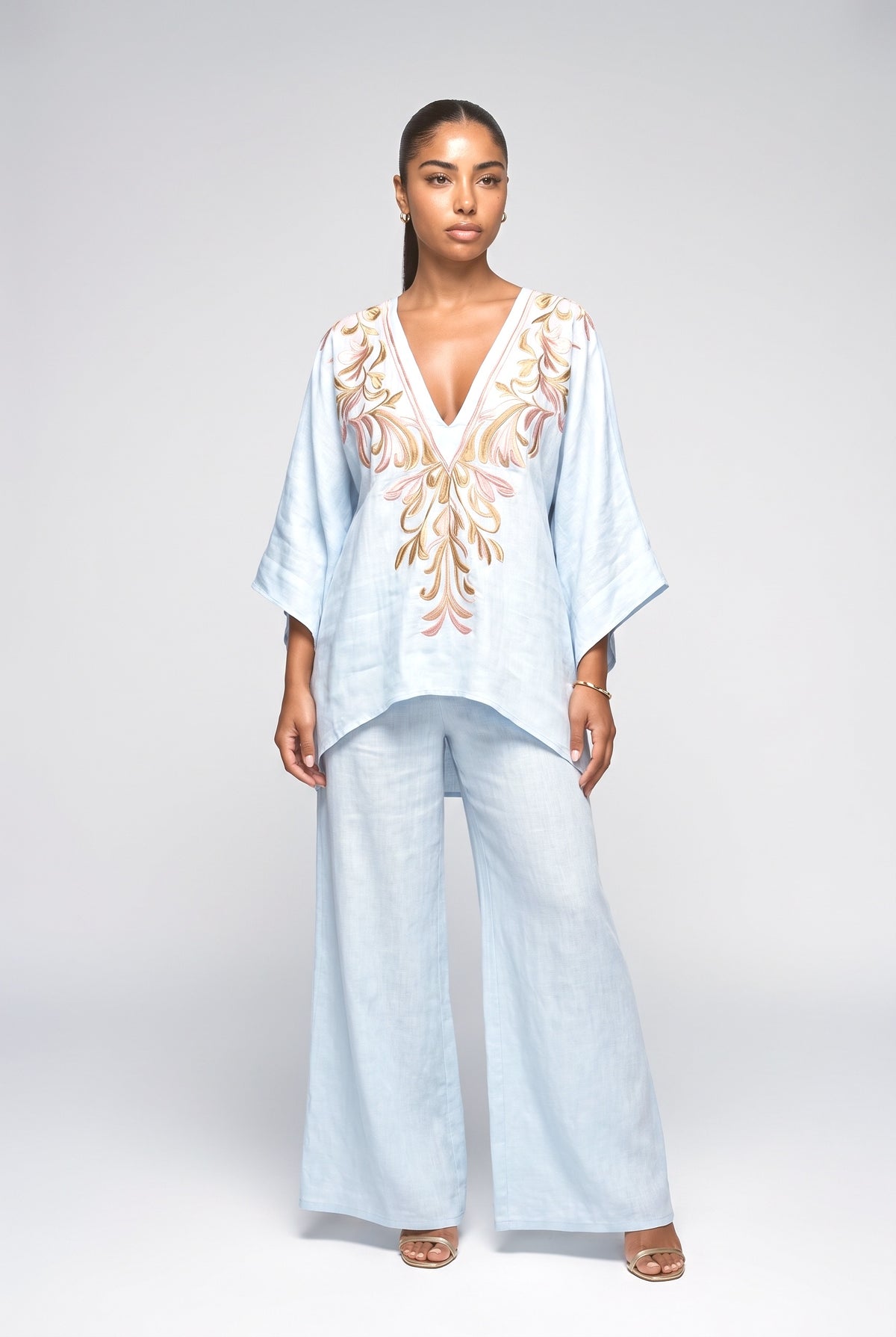 V-Neck Batwing Sleeve Outfit Set, blue set