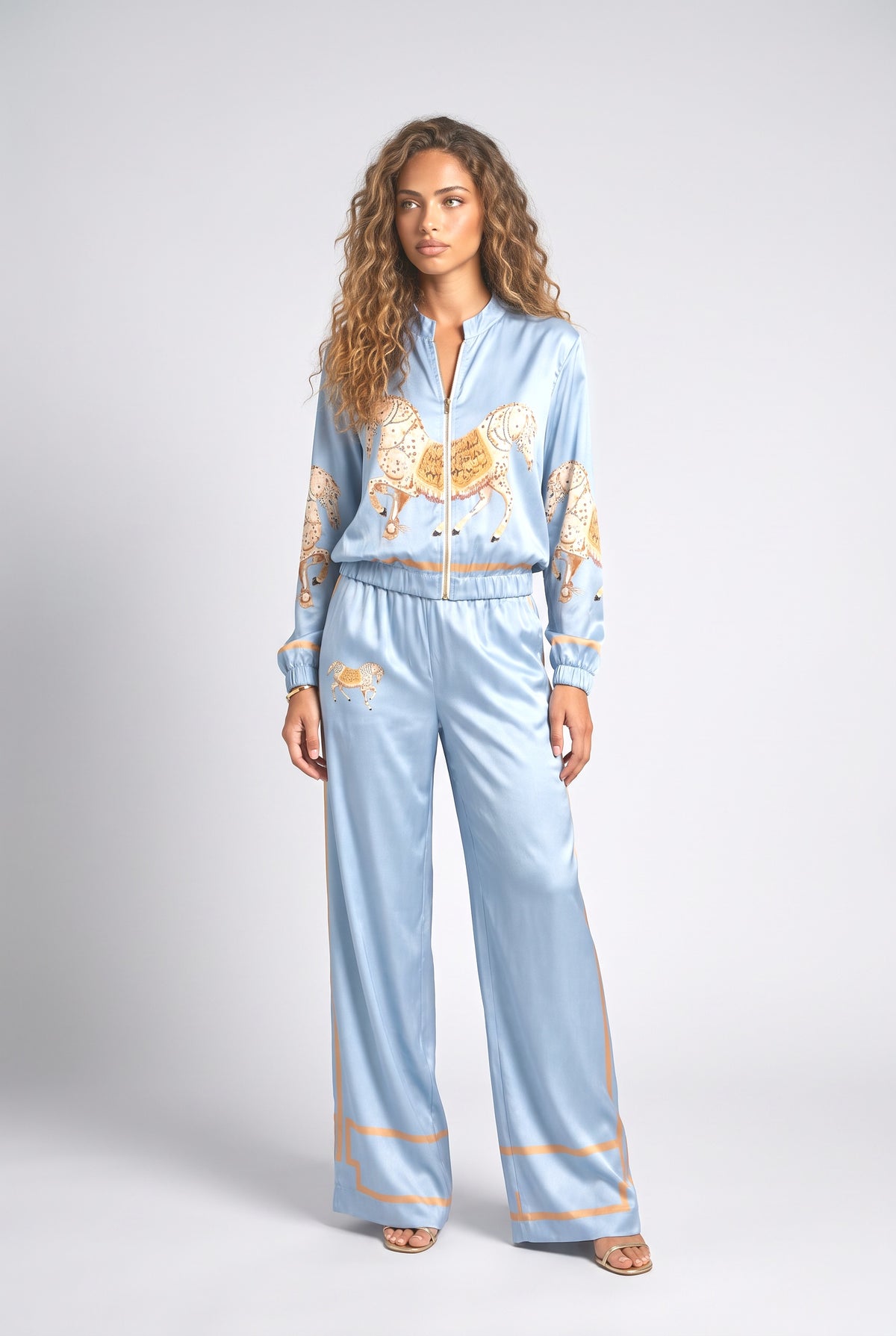 Satin Horse Print Zip Jacket & Wide-Leg Pants Two-Piece Set, blue set