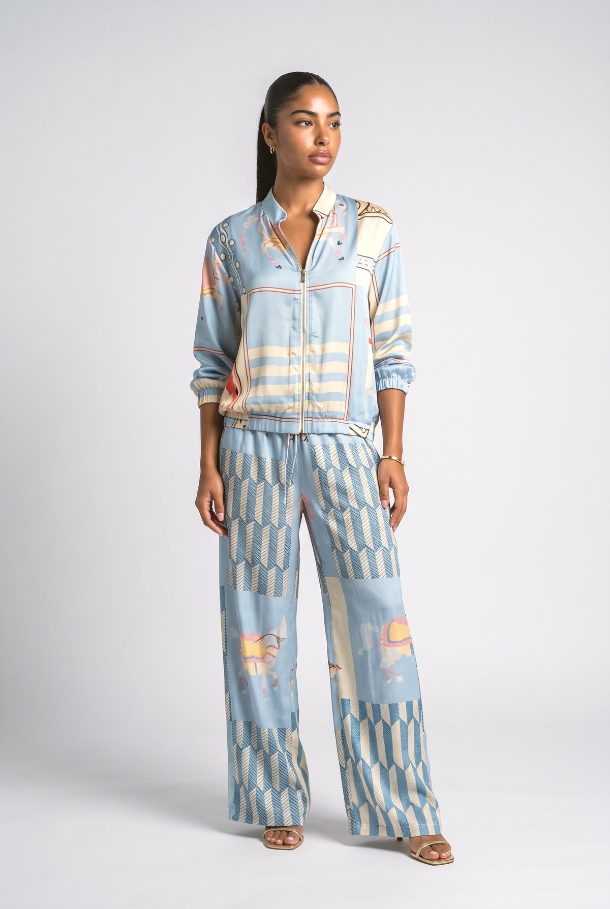 Artistic Print Zip-Up Shirt & Wide-Leg Pants Two-Piece Set, blue set