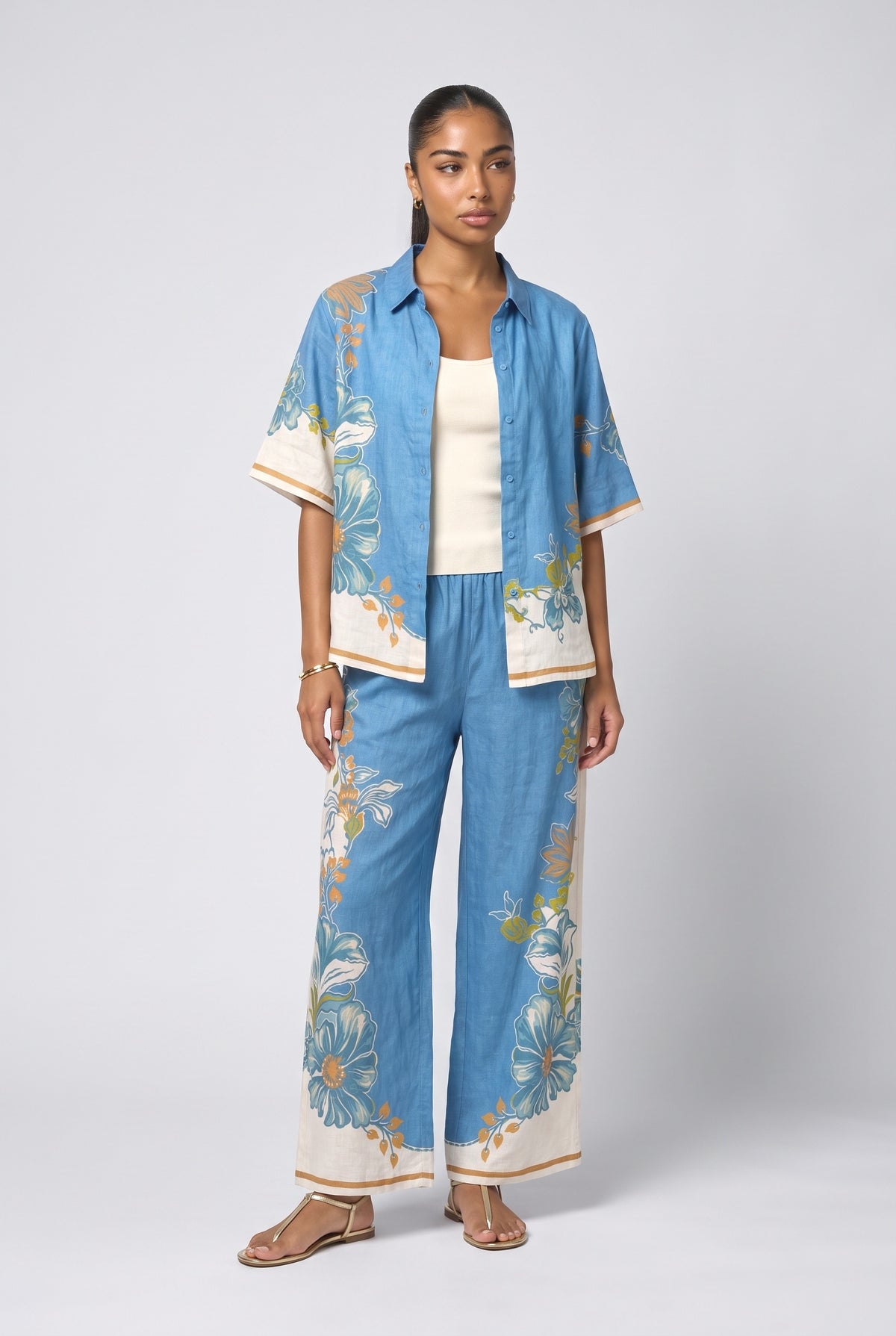 Floral Print Elastic Wide-leg Pants, blue top