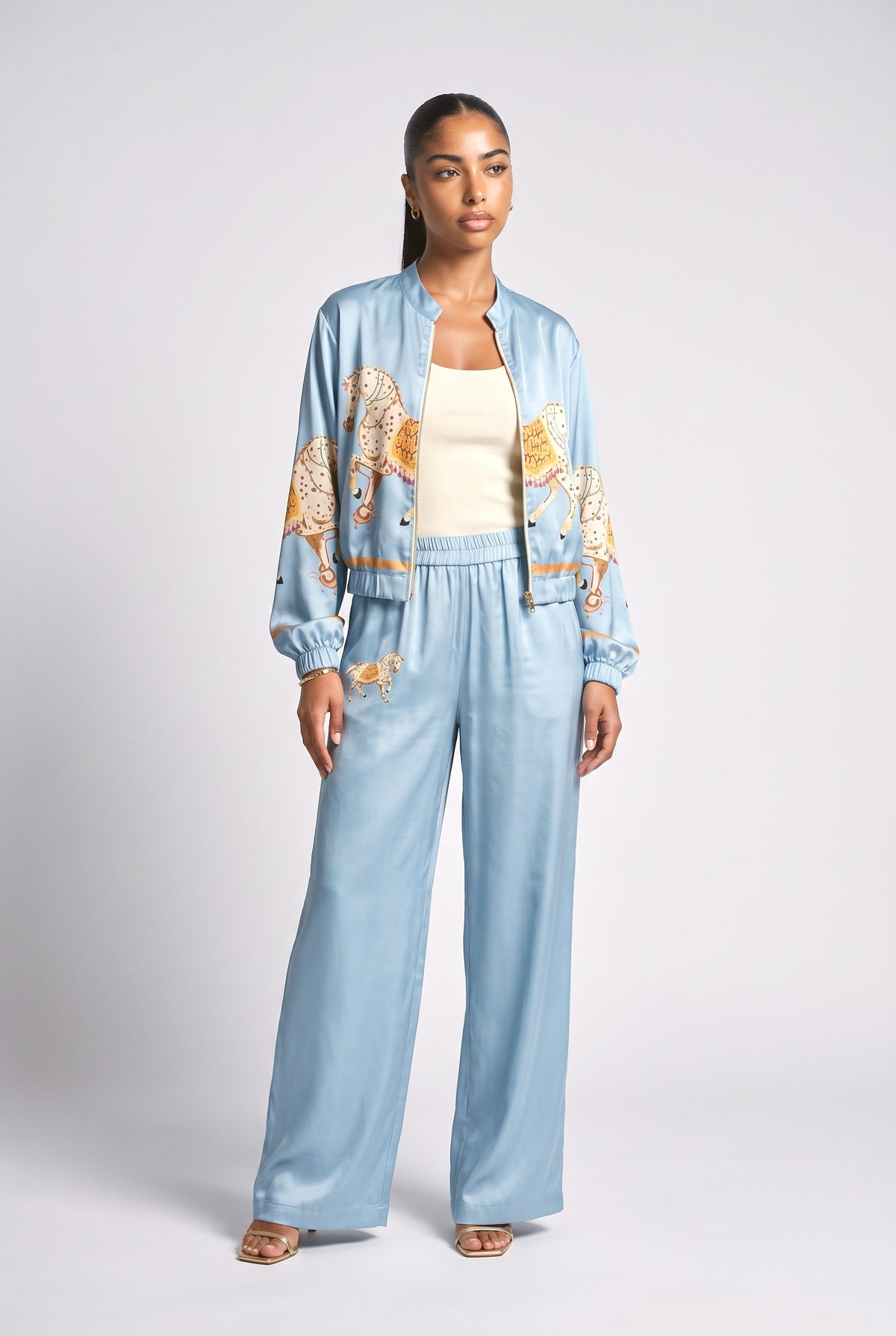 Satin Horse Print Wide-Leg Pants, blue top