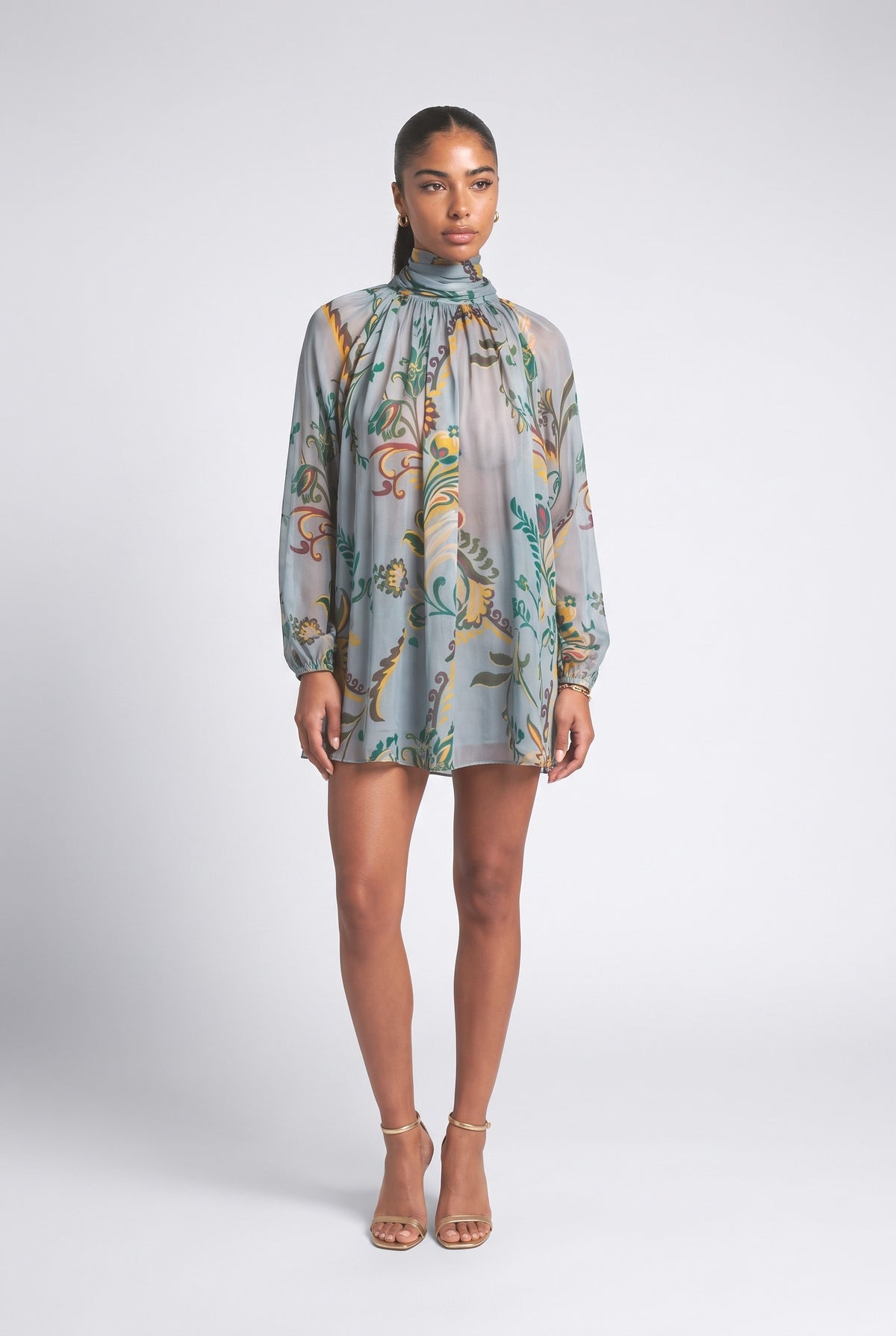Floral Chiffon Pleated Outfit Set, blue top