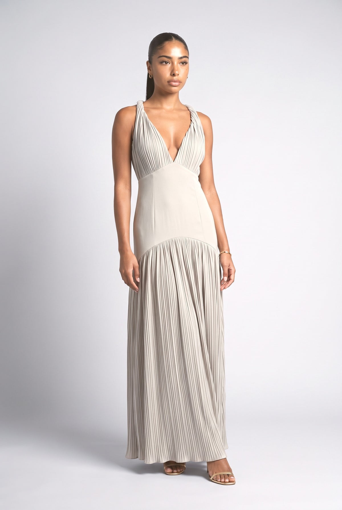 Blue V-Neck Ruched Maxi Dress, blue
