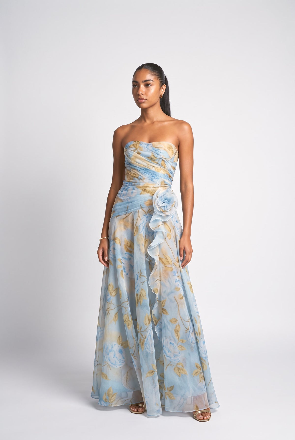 Floral Chiffon Strapless Maxi Dress, blue
