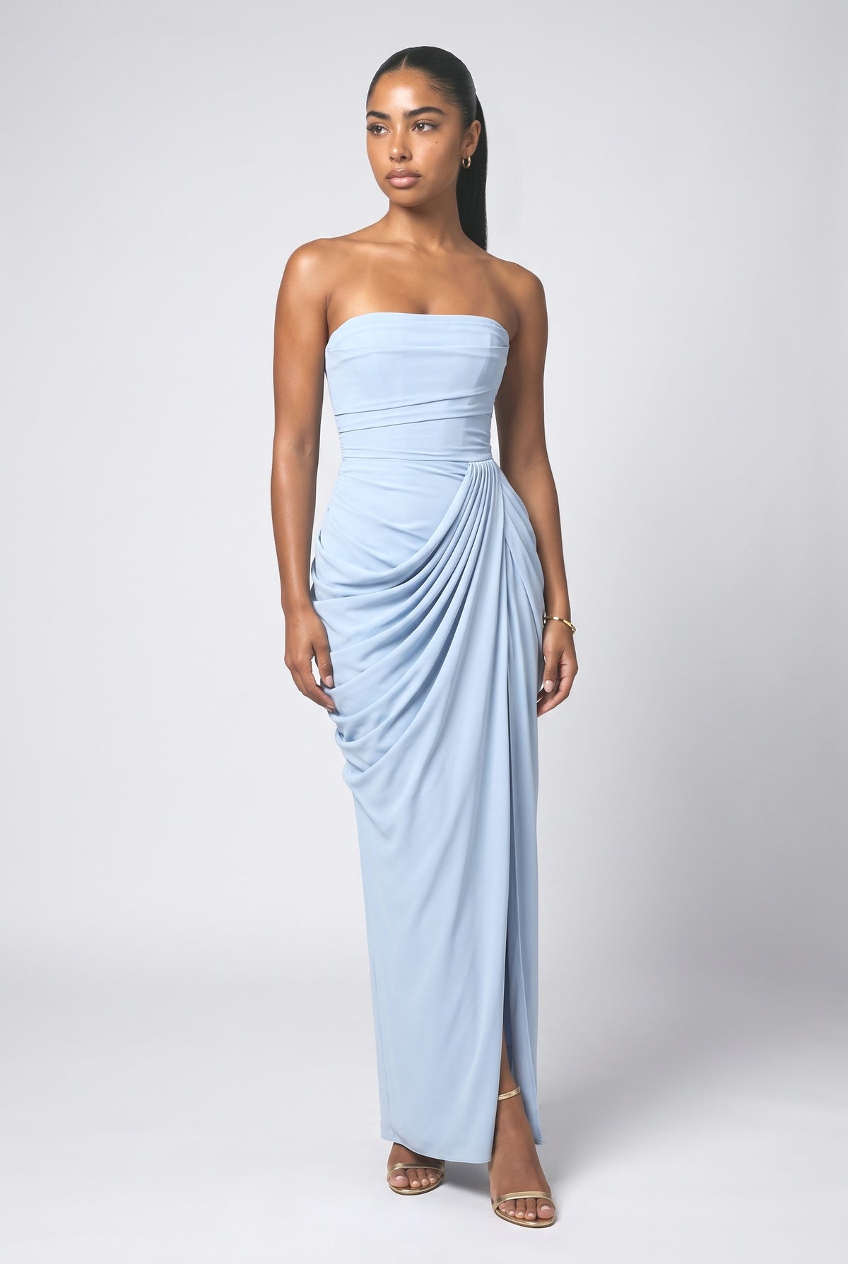 Strapless Pleated Maxi Dress, blue