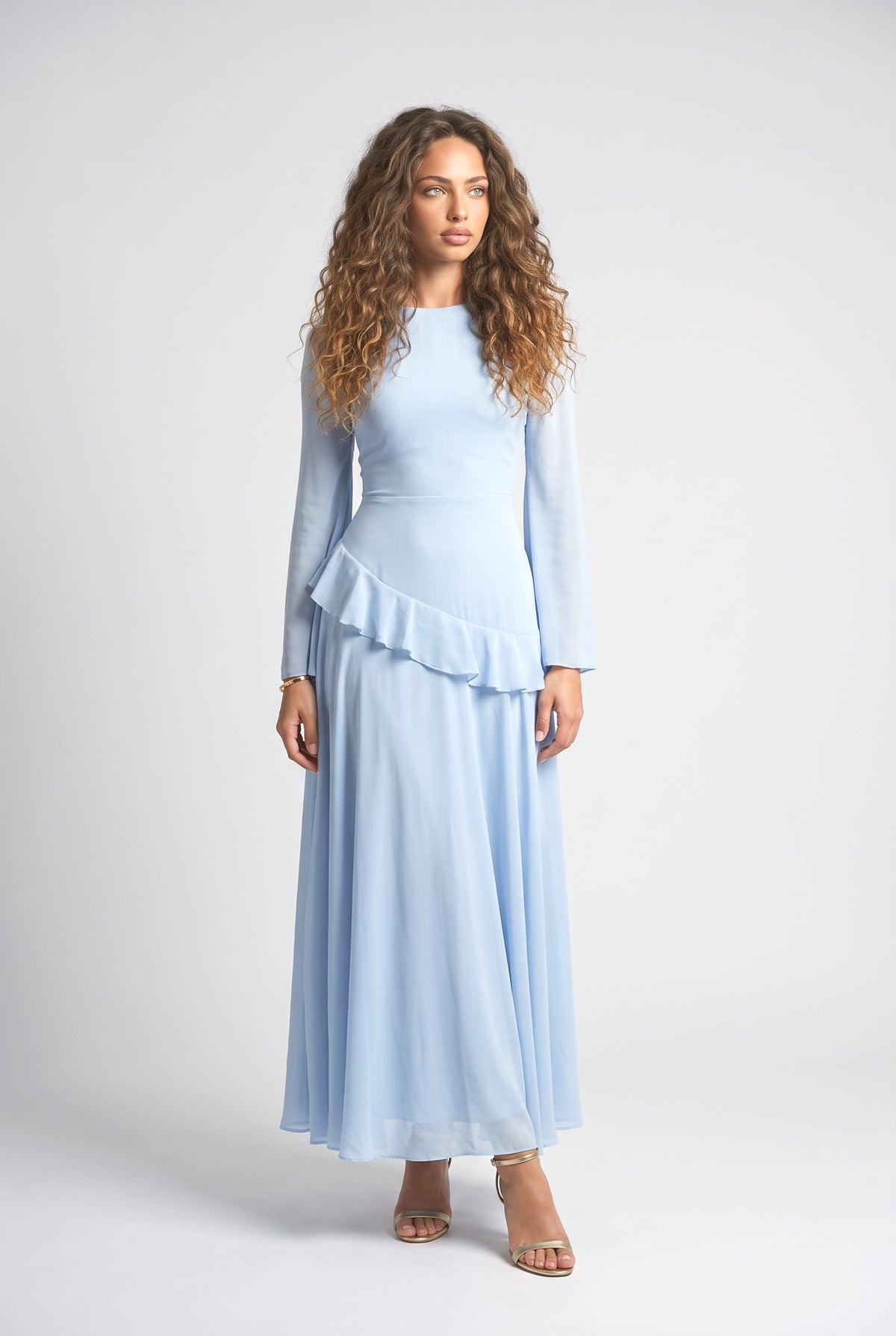 Ruffled Long Sleeve Maxi Dress, blue