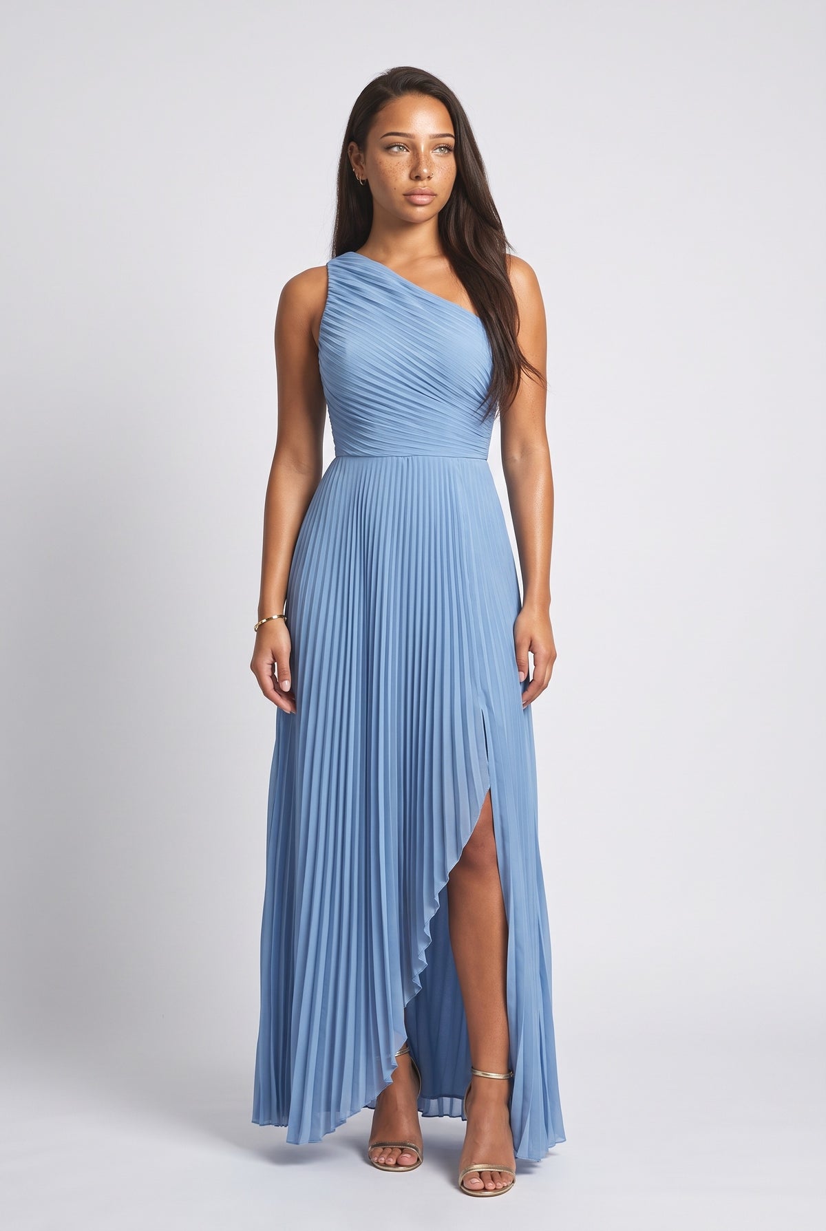 One-Shoulder Pleated Asymmetrical High-Slit Maxi Dress, blue