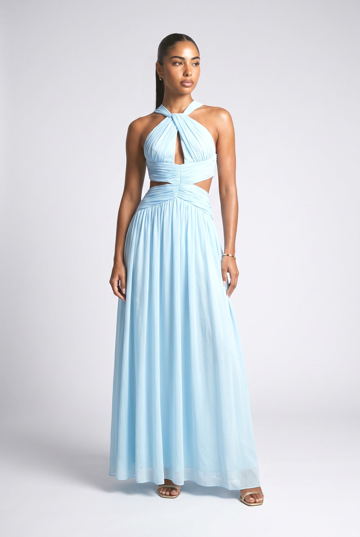 Blue Halter Neck Pleated Maxi Dress, blue