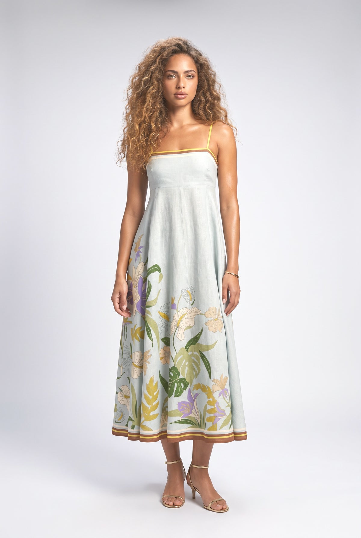 Blue Floral Linen Midi Dress, blue
