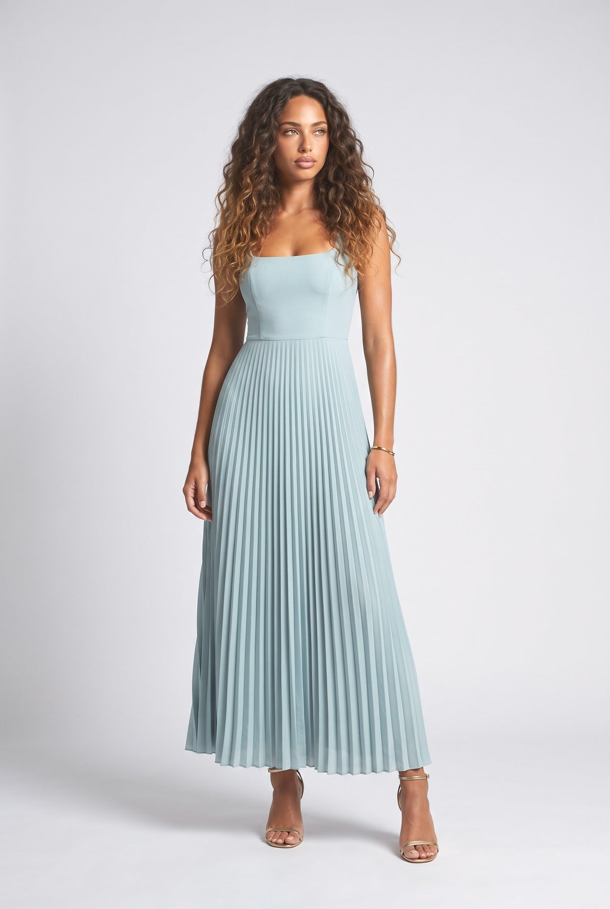 Square Neck Pleated Maxi Dress, blue