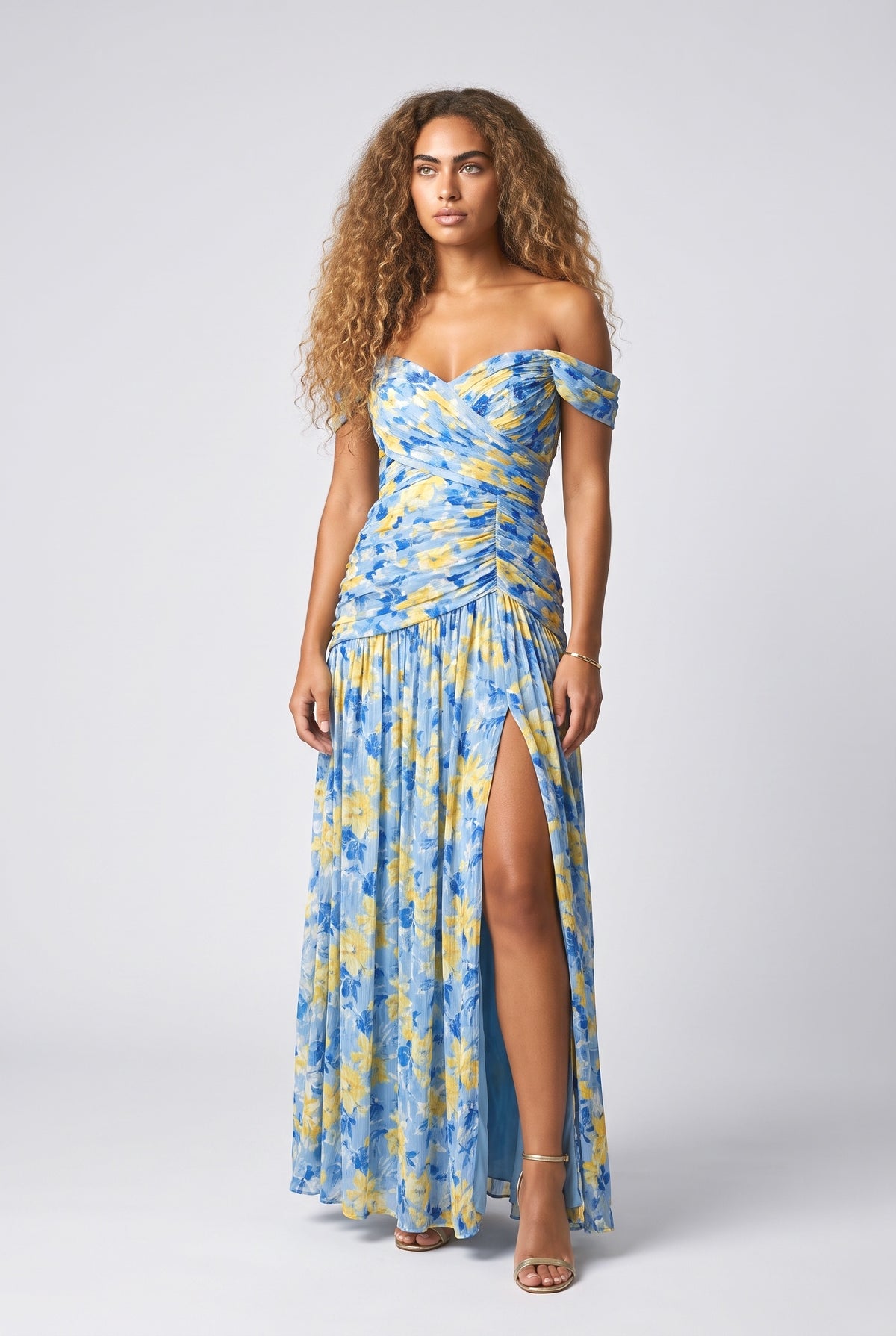 Floral Ruched Maxi Dress, blue