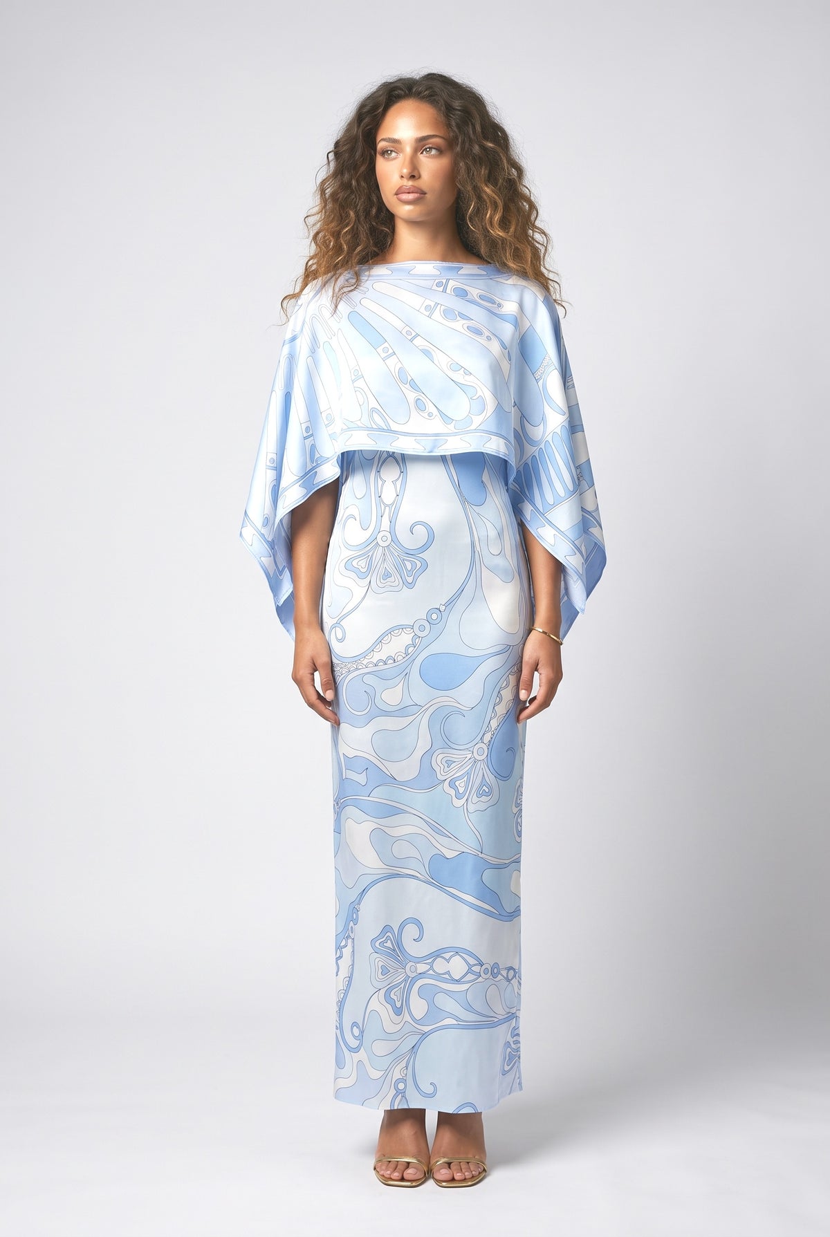 Blue Abstract Satin Cape Outfit Set, blue