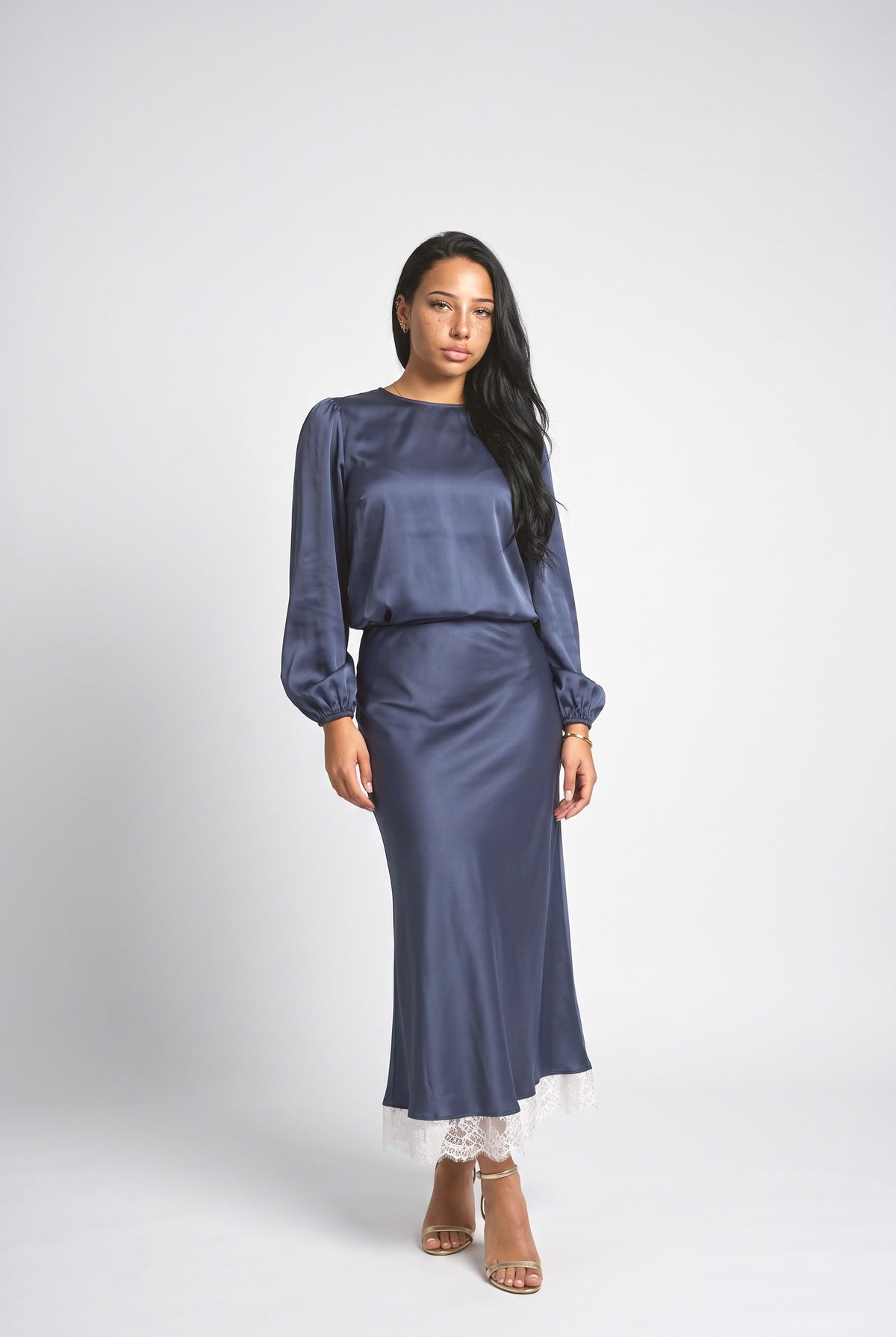 Satin Puff Sleeve Outfit Set, blue