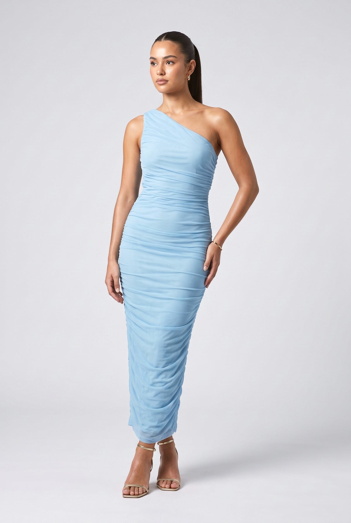 Tulle One-Shoulder Ruched Maxi Dress, blue