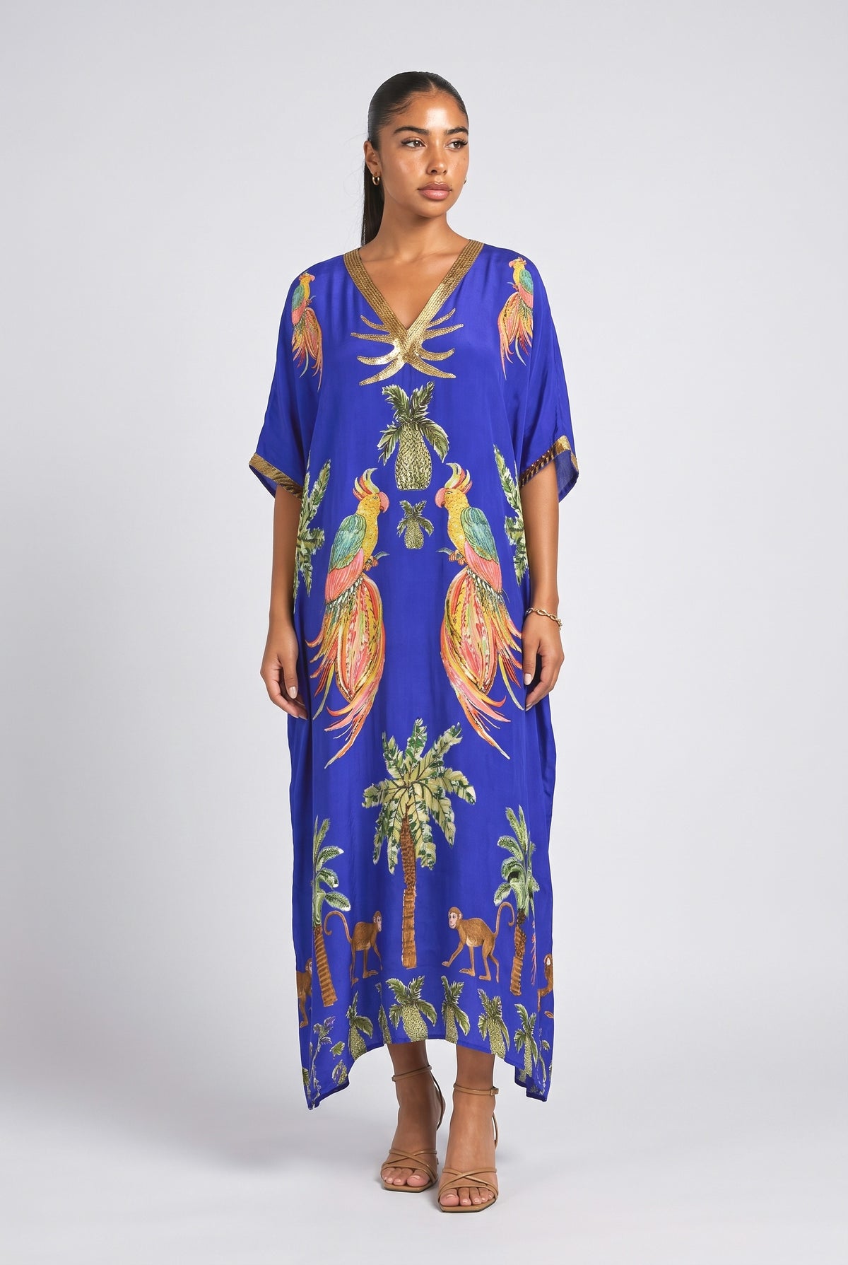 Drop Shoulder Sleeve Coconut Tree Printed Dress, blue