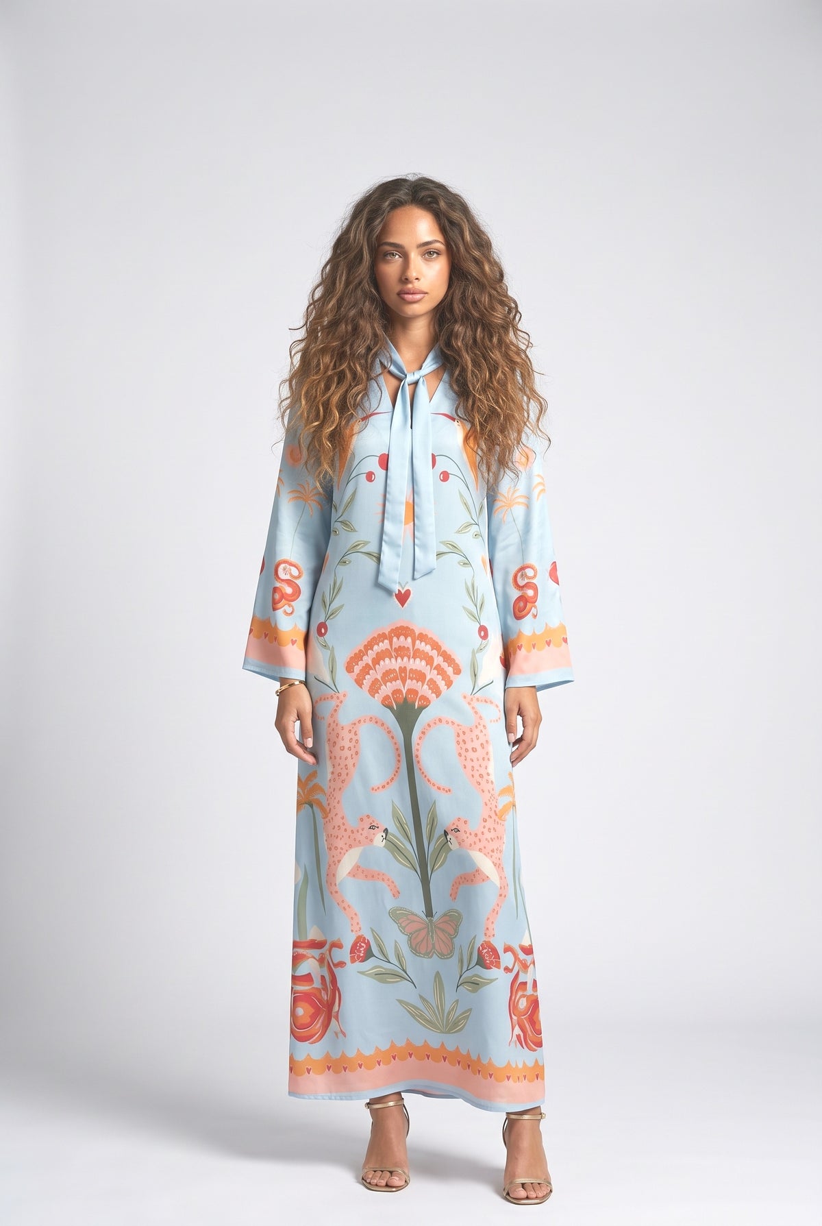Azure Dream Printed Tie Neck Maxi Dress, blue