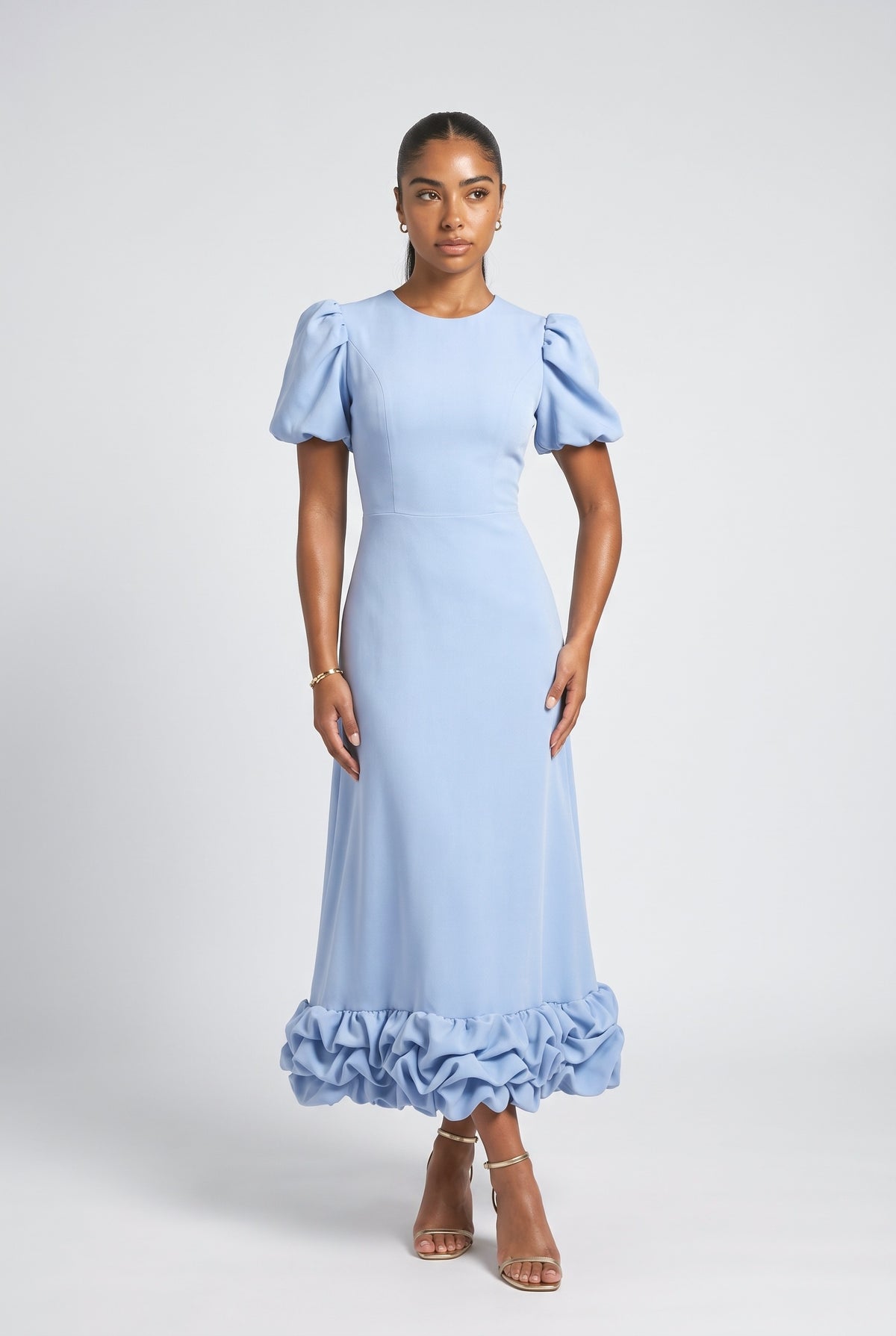 Puff Sleeve Ruffle Maxi Dress, blue