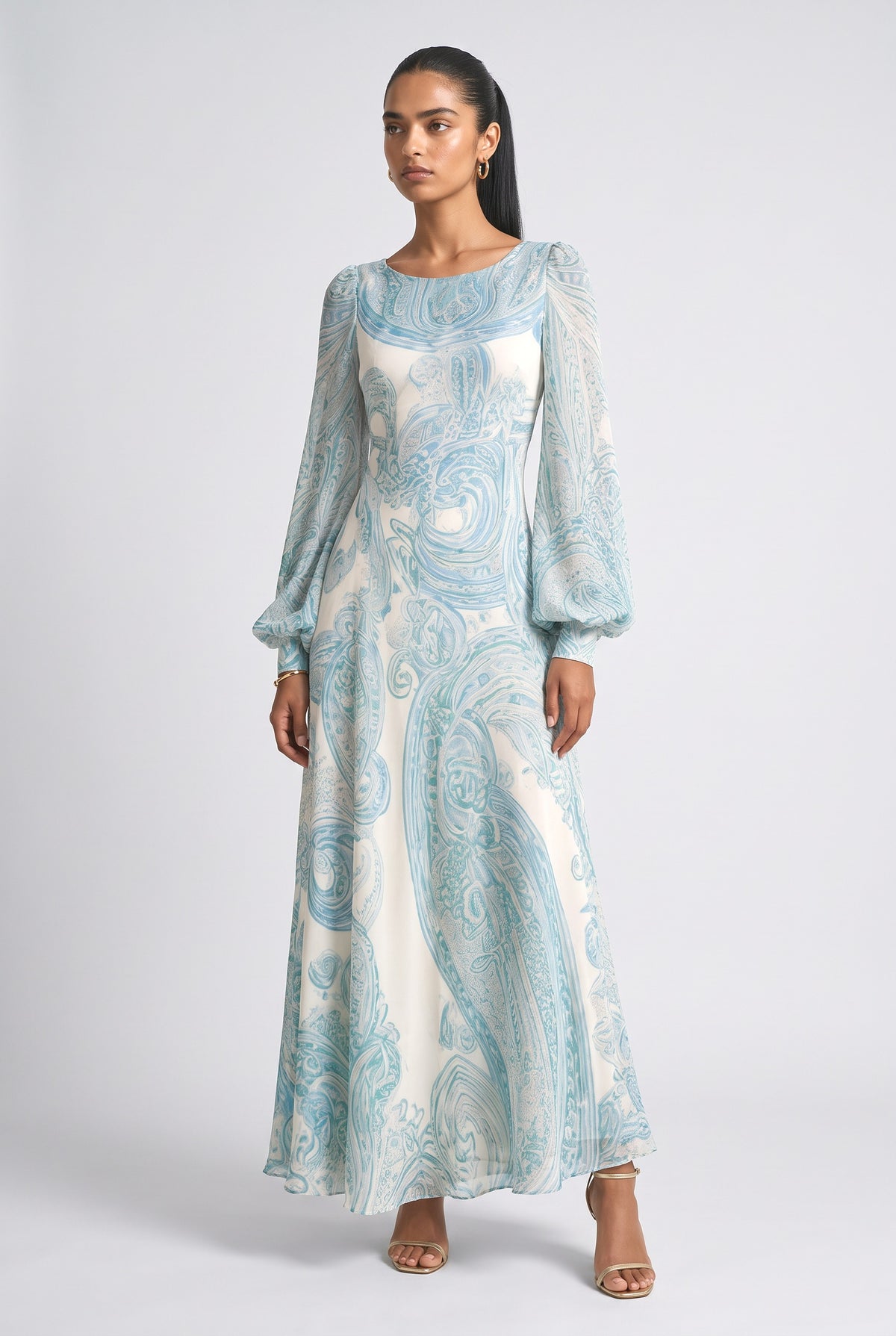 Blue Paisley Chiffon Maxi Dress, blue