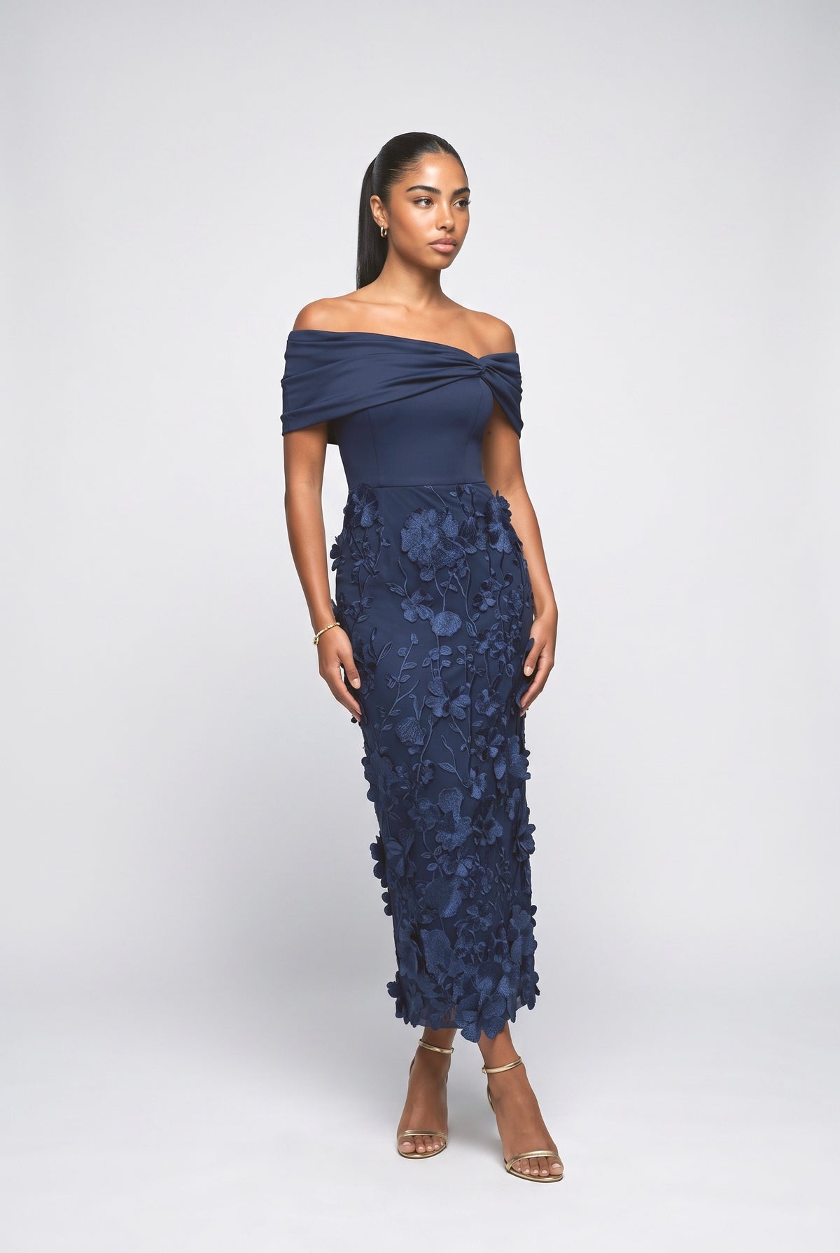 Floral Embroidered Off-Shoulder Maxi Dress, blue