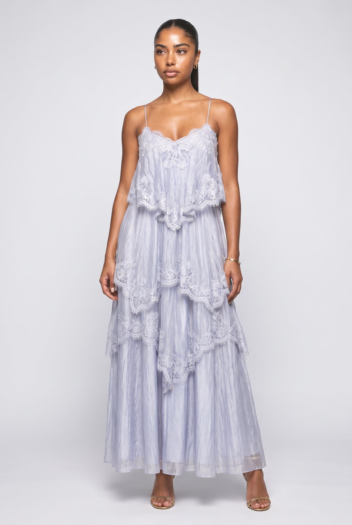 Layered Lace-Trim Spaghetti Strap Maxi Dress, blue