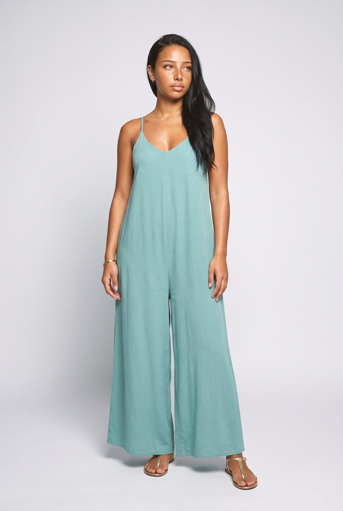 Resort Metallic Detail Strappy Wide-Leg Jumpsuit, blue