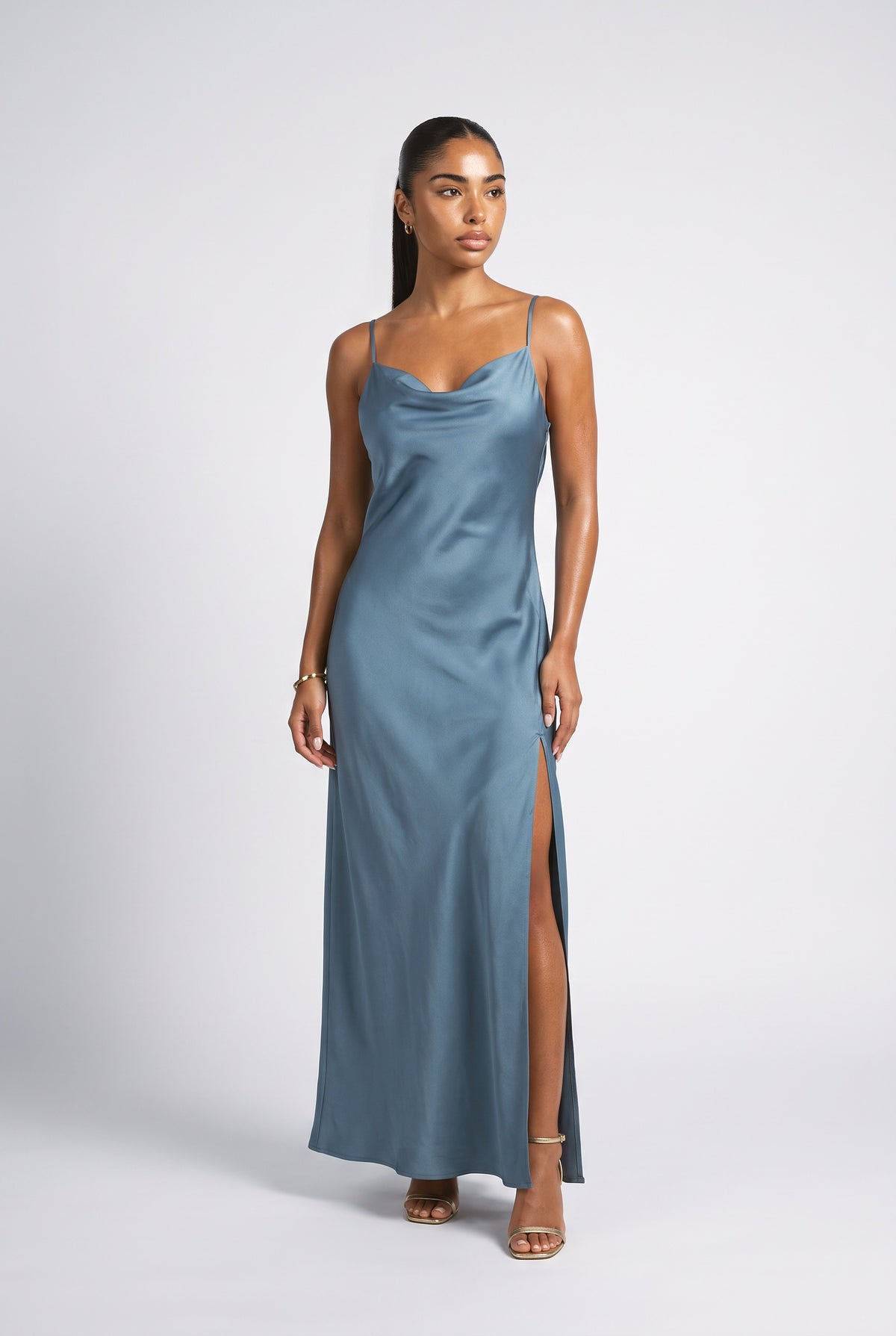 Satin Slit Maxi Dress, blue