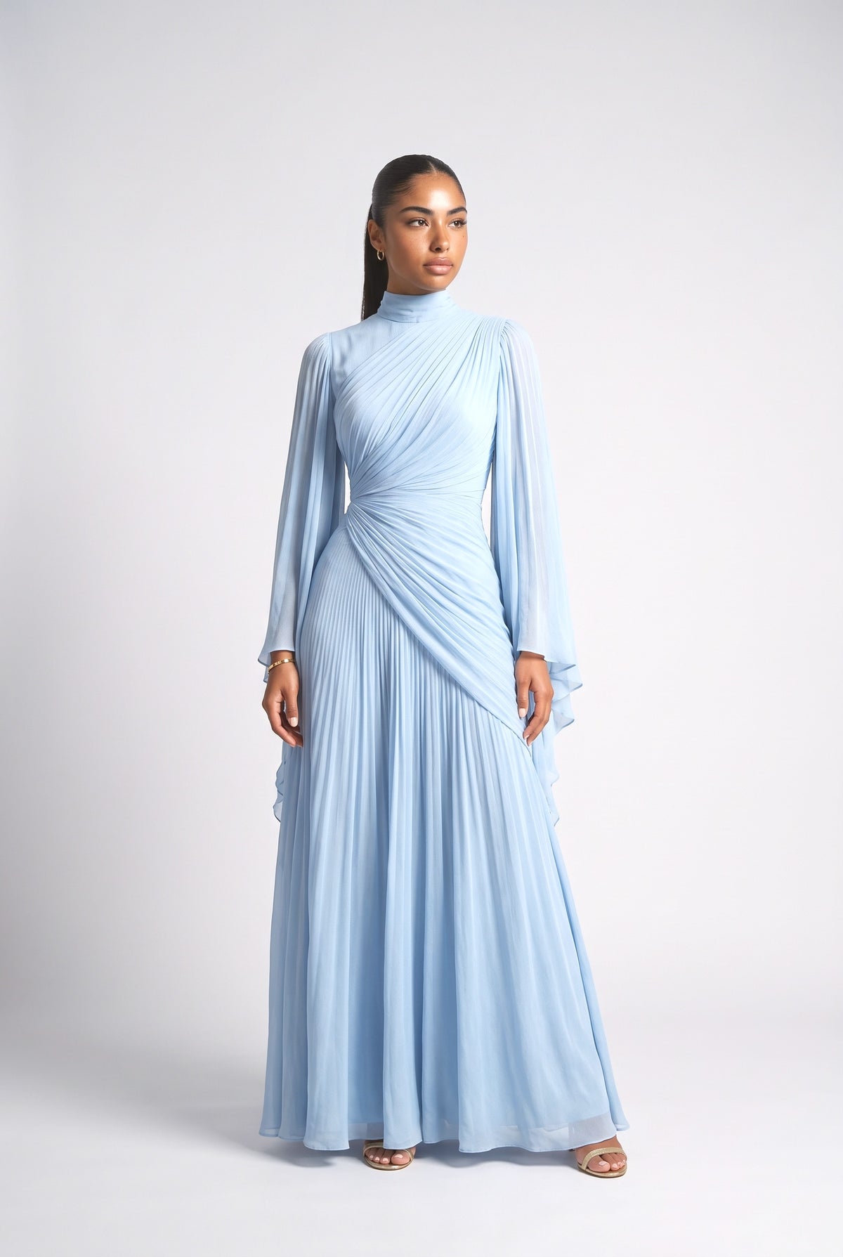 Chiffon High Neck Pleated Maxi Dress, blue