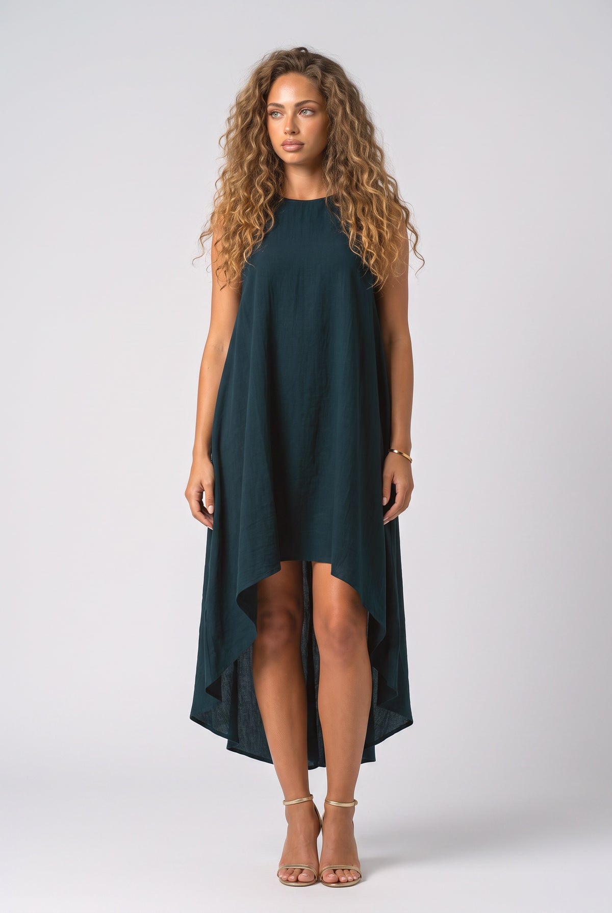 Sleeveless Asymmetric Midi Dress, blue