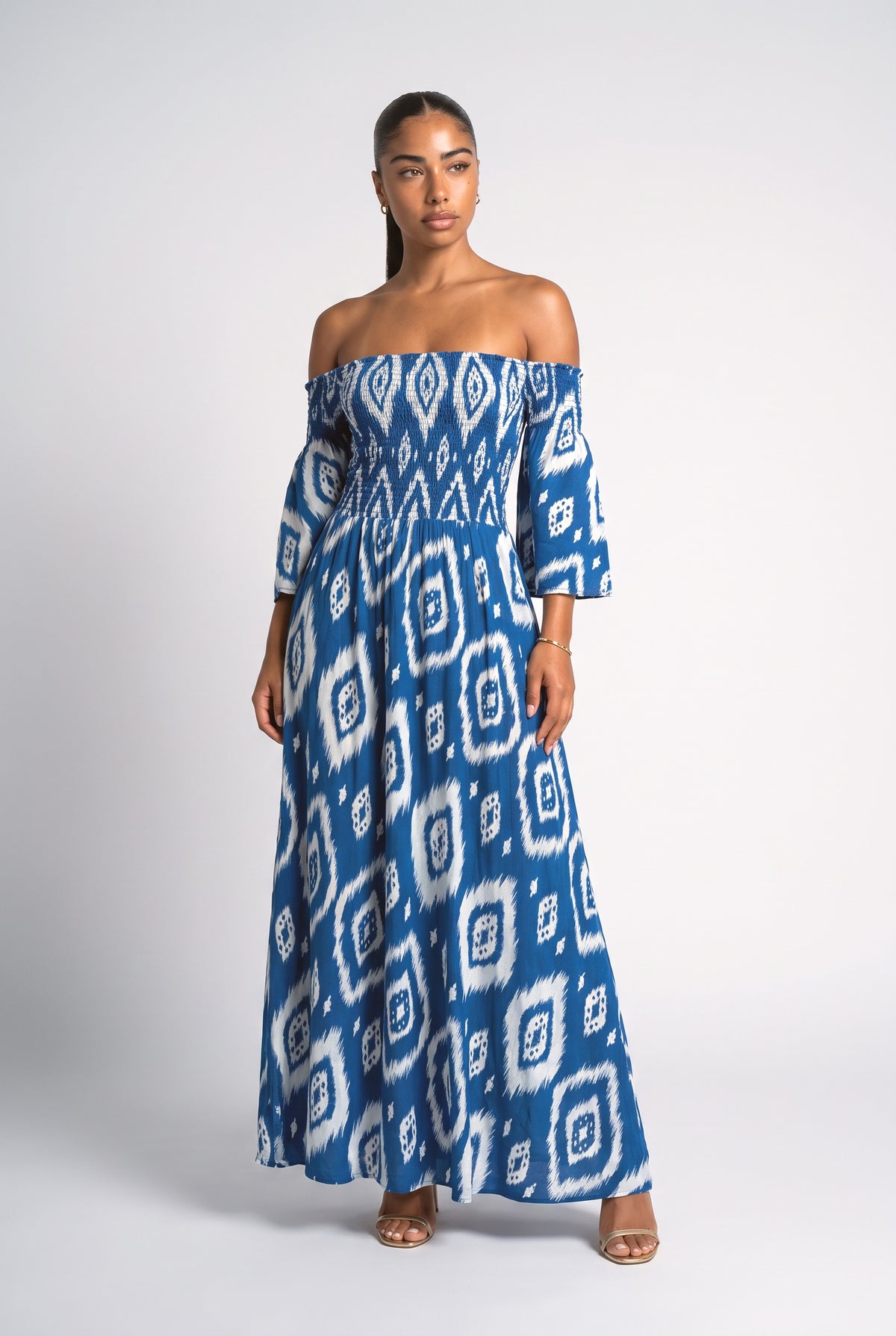 Vacation Ethnic Print Smocked Off Shoulder Pocketed Maxi Dress, blue