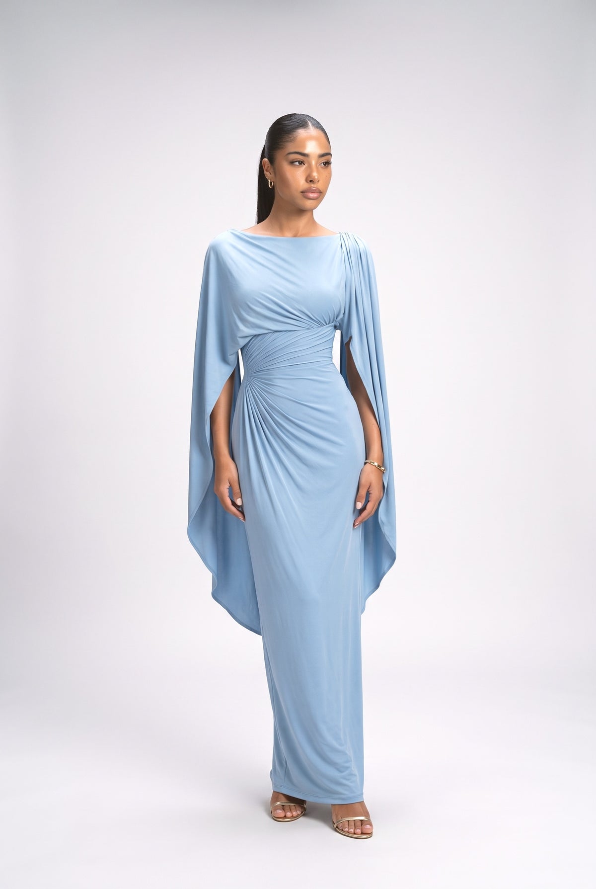 Boat Neck Pleated Slim Fit Maxi Dress, blue