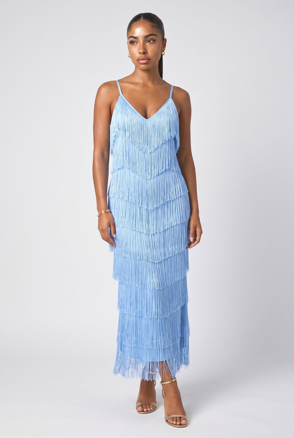 Blue V-Neck Tiered Maxi Dress, blue