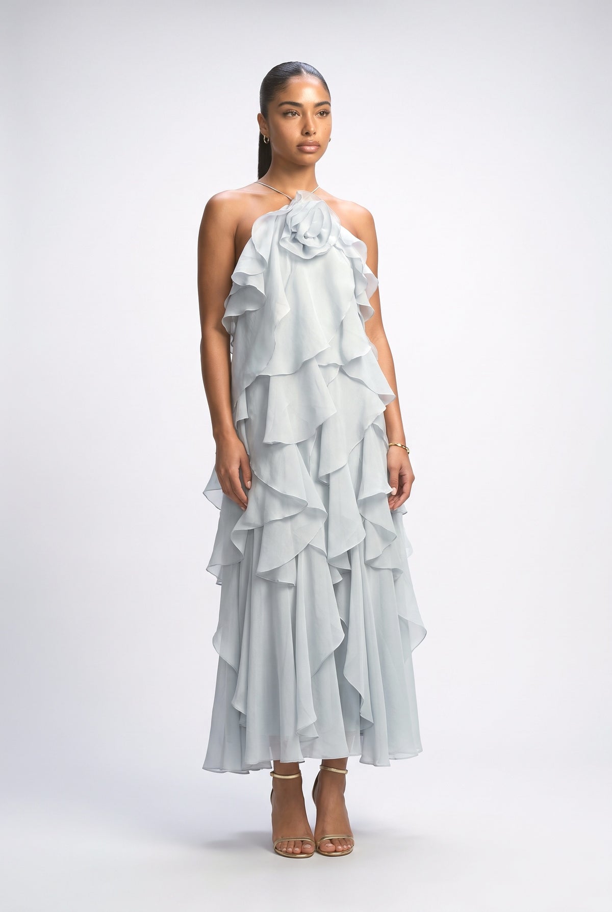 3D Flower Ruffle Halter Maxi Dress, blue