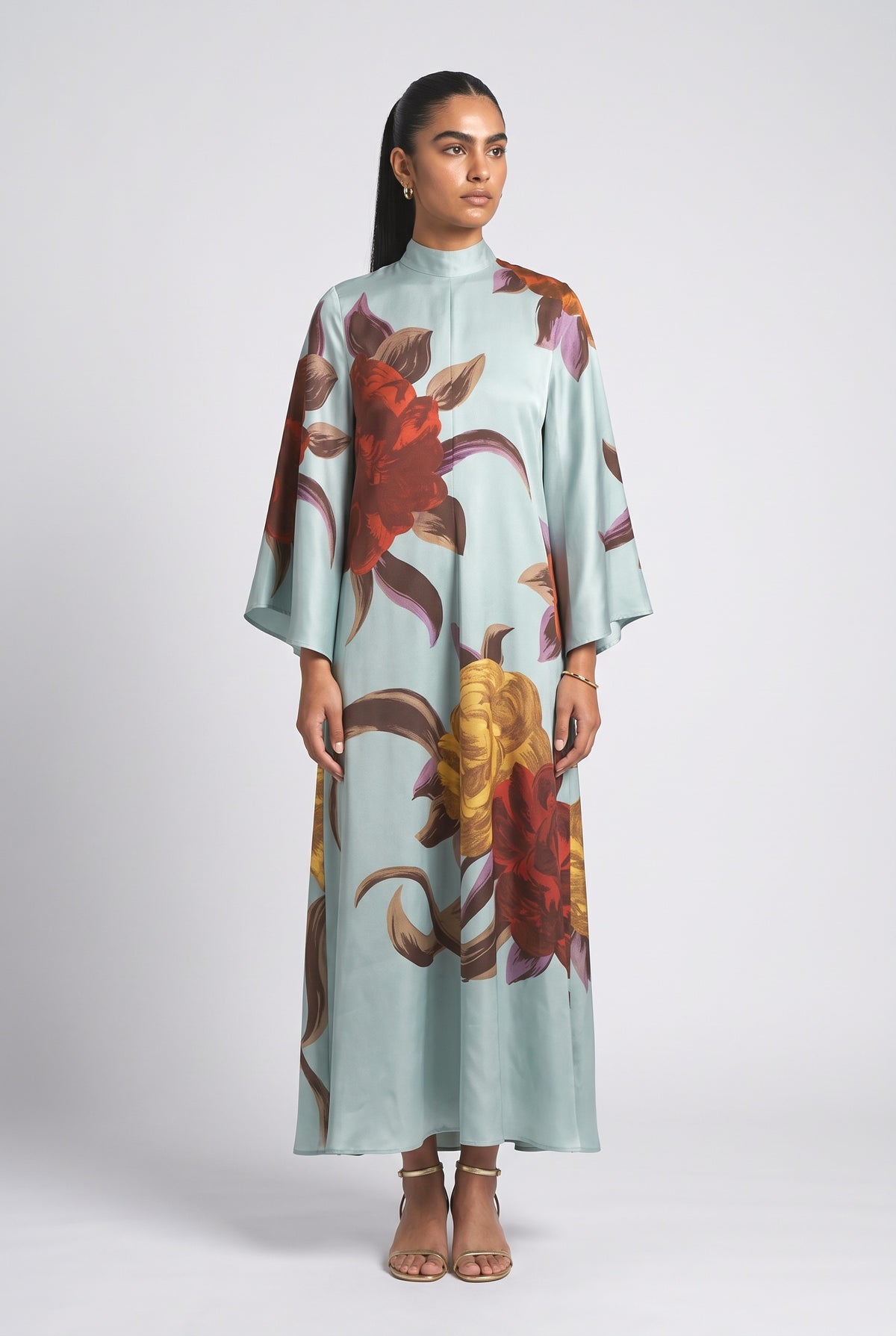 Blue Floral Satin Maxi Dress, blue