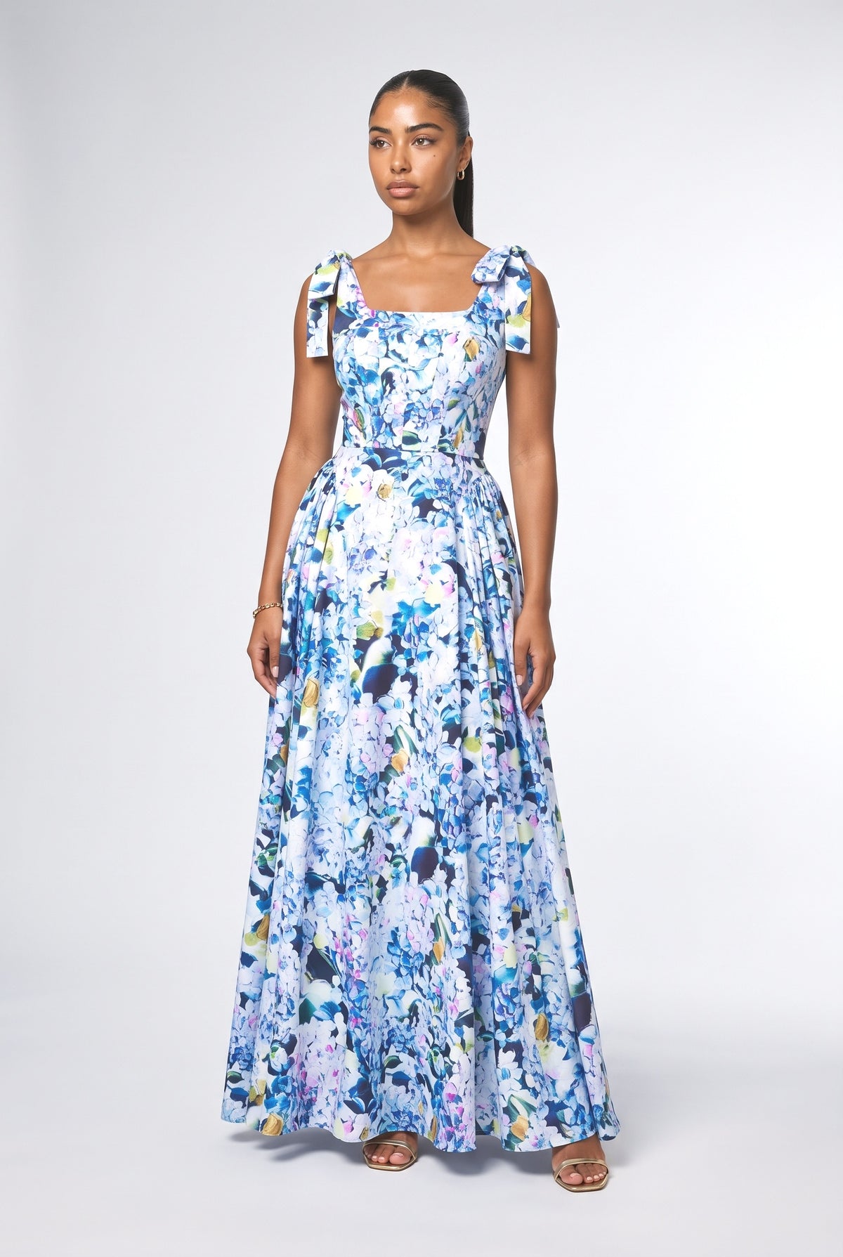 Bow Strap Hydrangea Print Maxi Dress, blue