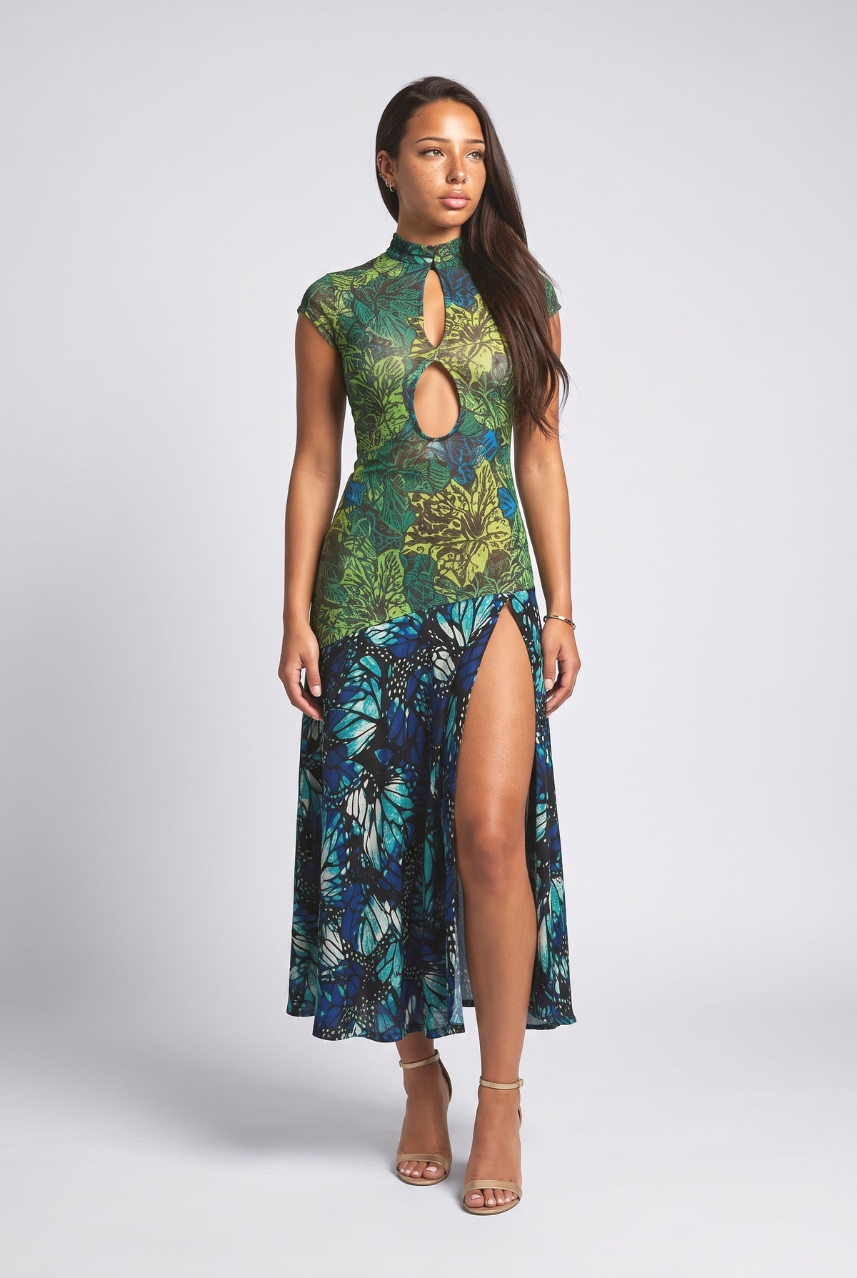 Blue Tropical Cutout Maxi Dress, blue