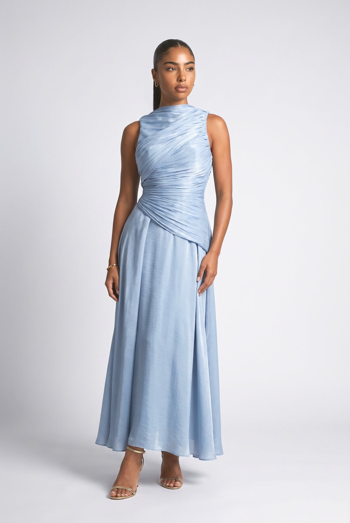 Pleated Ribbon Design Maxi Dress, blue