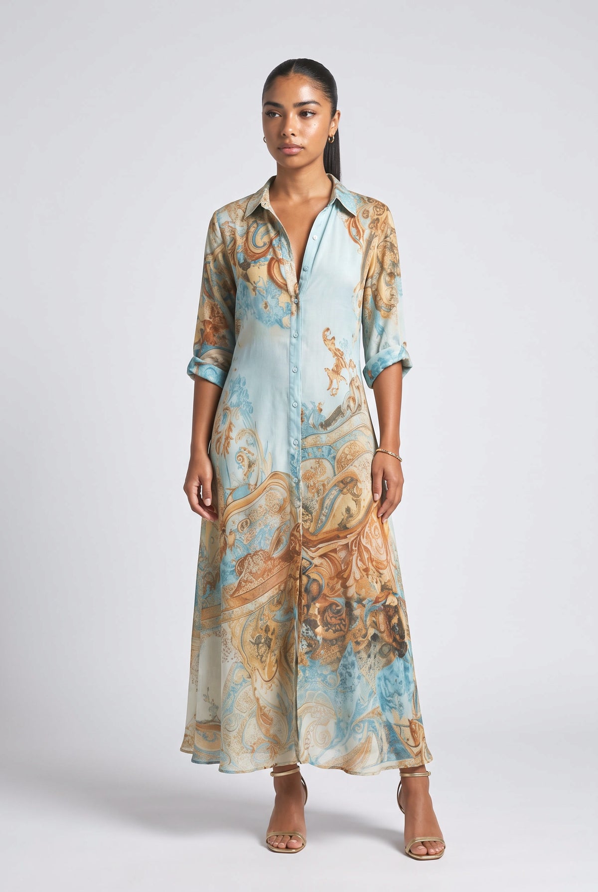 Bohemian Art Print Shirt Maxi Dress, blue